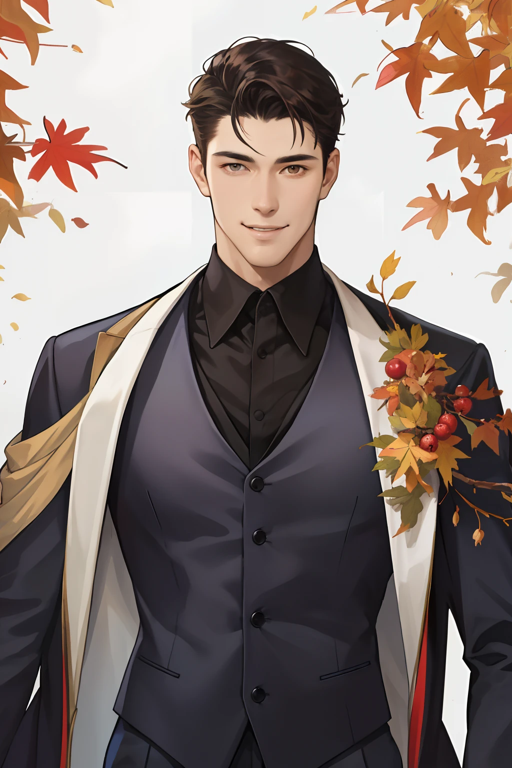 masterpiece, best quality, realistic, 1man, male focus, tall muscular, handsome, smile, closed mouth, suit, portrait, extremely detailed face, autumn,fruits