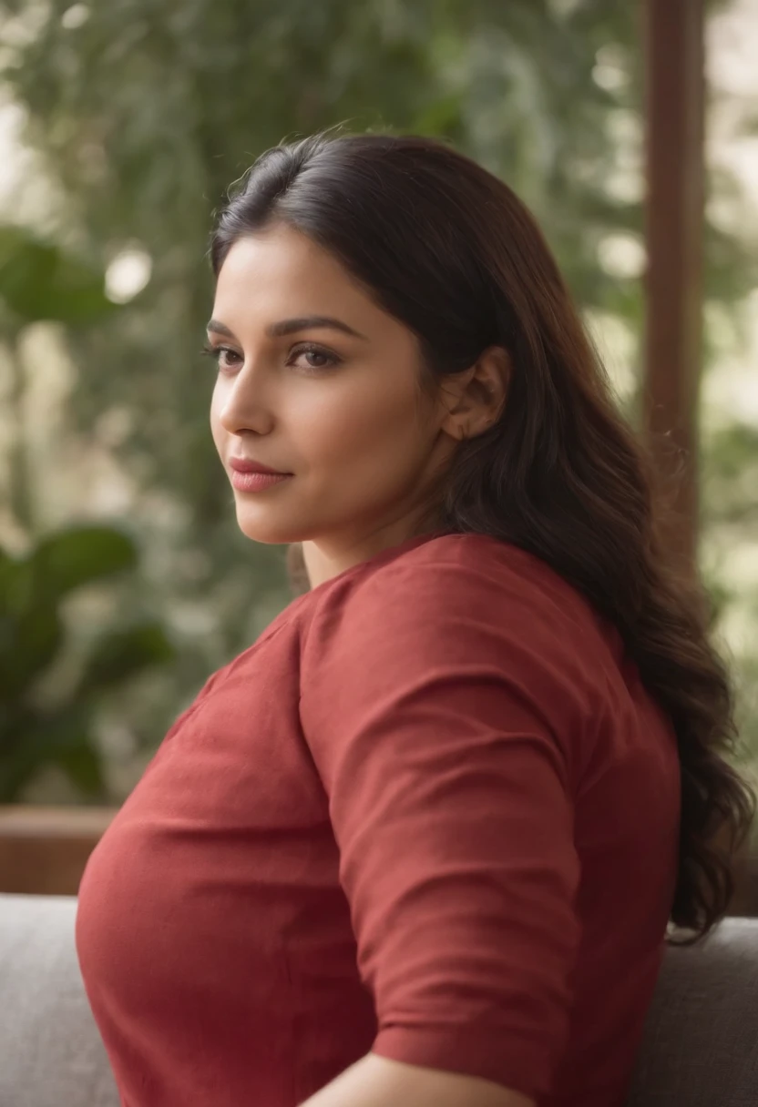 there is a woman with a red shirt sitting on a couch, 30 years old woman, 3 0 years old woman, 2 7 years old, 2 8 years old, 2 9 years old, around 20 yo, ayahausca, around 1 9 years old, profile image, 2 3 years old, indian girl with brown skin, headshot profile picture