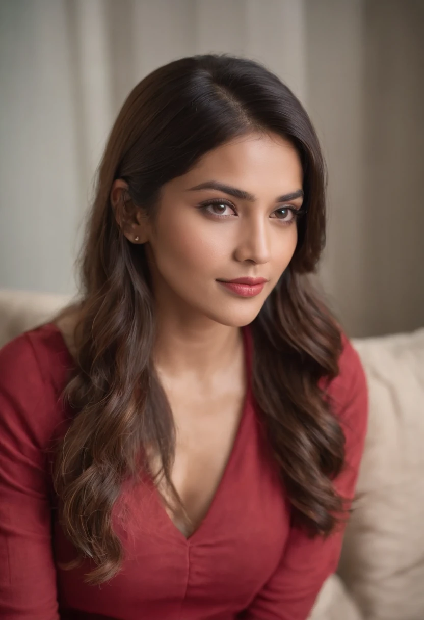 there is a woman with a red shirt sitting on a couch, 30 years old woman, 3 0 years old woman, 2 7 years old, 2 8 years old, 2 9 years old, around 20 yo, ayahausca, around 1 9 years old, profile image, 2 3 years old, indian girl with brown skin, headshot profile picture