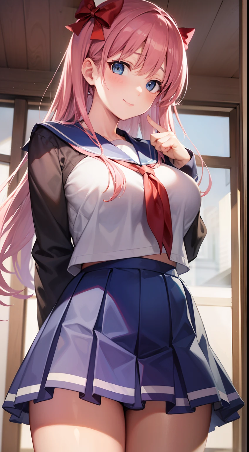 nodokaharamura, Nodoka Haramura, Blue eyes, Hair Bow, Long hair, Pink hair, Bow,
Blake Blue Skirt, Kiyosumi school uniform, Pleated skirt, School uniform, serafuku, Skirt,
BREAK looking at viewer,
Break indoors, crass room,
BREAK (masutepiece:1.2), Best Quality, High resolution, Unity 8k壁纸, (Illustration:0.8), (Beautiful detailed eyes:1.6), extra detailed face, Perfect Lighting, extremely details CG, (Perfect hands, Perfect Anatomy),Seductive smile,huge-breasted,From below,