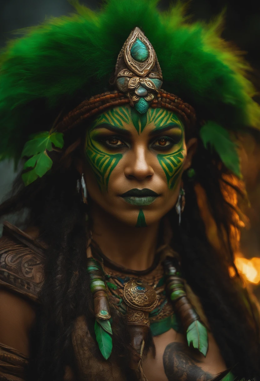 orc, Shaman, druida, pele verde, esguio, rpg, olhos com raios saindo, Thunder Mage, tribal, tatuagens azuis.