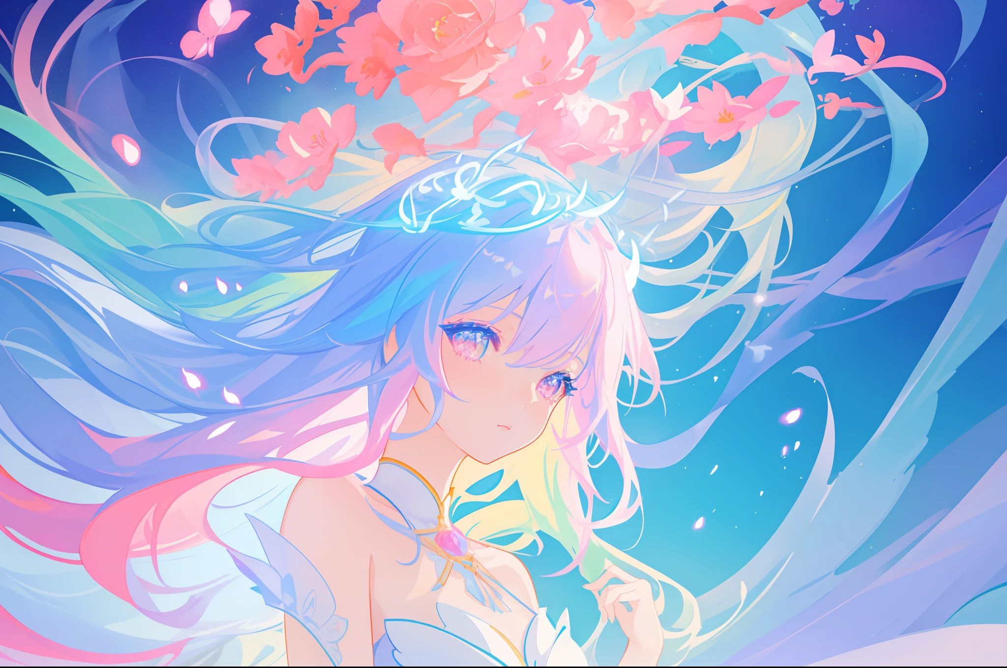 beautiful girl, vibrant pastel colors, vibrant pastel colors, flowing white dress(colorful), magical lights, long flowing colorful hair, inspired by Glen Keane, inspired by Lois van Baarle, disney art style, by Lois van Baarle, glowing aura around her, by Glen Keane, jen bartel, glowing lights! digital painting, flowing glowing hair, glowing flowing hair, beautiful digital illustration, fantasia background, whimsical, magical, fantasy, beautiful face, ((masterpiece, best quality)), intricate details, highly detailed, sharp focus, 8k resolution, sparkling detailed eyes, liquid watercolor