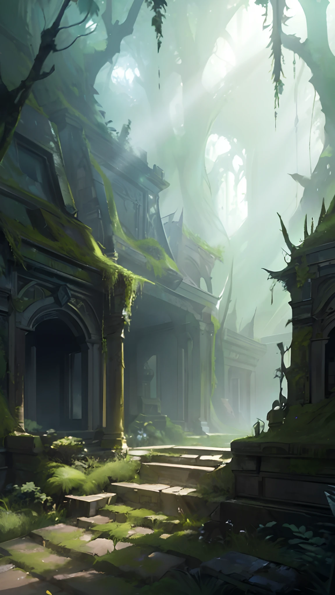 (A high resolution,Ultra-detailed,Masterpiece:1.2),Forest of fantasy creatures,Spooky ruins,Dark atmosphere,Dynamic movements,Fine mist,Mythical species,magical plants,Ominous Shadows,Dappled sunlight,Fantastic colors,mystical aura,Echoing silence,surreal scenery,Ancient mysteries,Breathtaking scale,whispering leaves,Enchanting atmosphere,majesticpresence,Ethereal energy,with light glowing,Evocative architecture,overgrown vegetation,Fascinating light,lost civilizations,Echoes of the past,forgotten secrets,otherworldly charm,Spectral Biology,Untamed wilderness,surreal landscapes,Rich textures,Engaging details,pompous,Monumental buildings,hauntingly beautiful,Ancient wisdom.