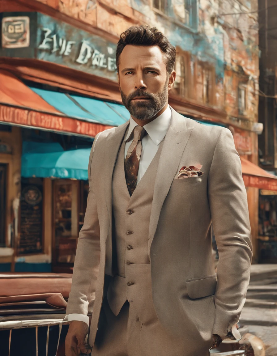 A Photograph capturing a surrealist vision: ben affleck in wet speedo, underwear,  amidst a swirling color palette, poses outside a tailor shop, posing with the dreamlike surroundings. Depict the model partially concealed by a sheer fabric or drapery, leaving much to the viewer's imagination. Use subtle details to hint at hidden desires. symbolic elements that convey a deeper meaning or narrative