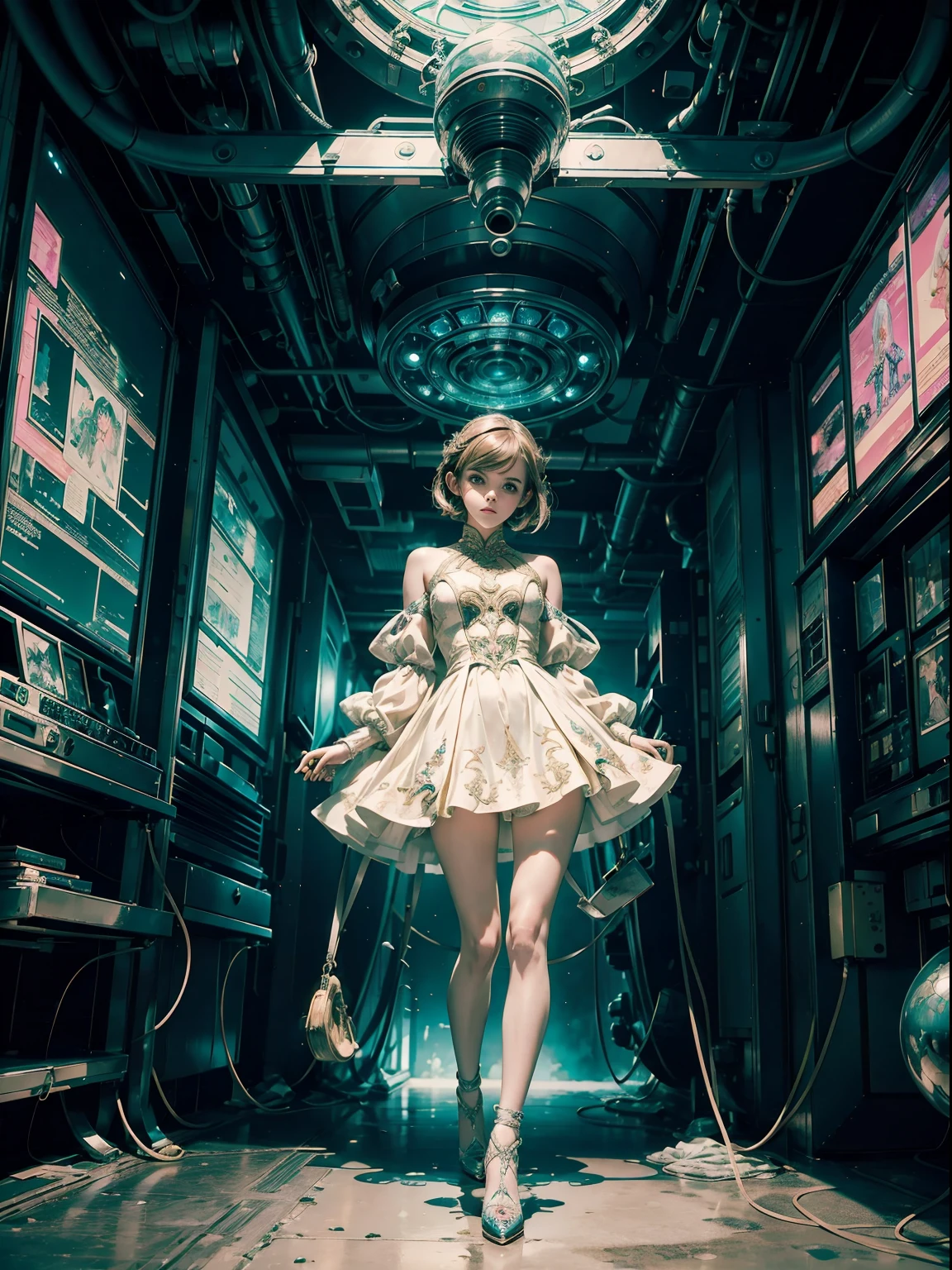 image of vintage anime, sci-fi. goddess teen emma watson, glitches on image. surrealism. the girl depicts her mind getting out of her head. her face is trying to get out of the image into the real world. intricate dress, intricate shoes. vibrant colors. background forest. intricate detail. highly detailed.