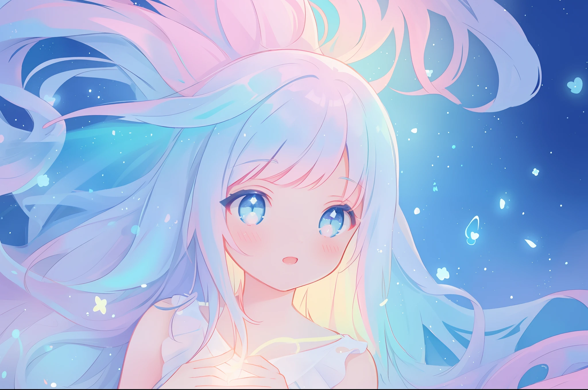 beautiful anime girl, portrait, vibrant pastel colors, (colorful), magical lights, long flowing colorful hair, inspired by Glen Keane, inspired by Lois van Baarle, disney art style, by Lois van Baarle, glowing aura around her, by Glen Keane, jen bartel, glowing lights! digital painting, flowing glowing hair, glowing flowing hair, beautiful digital illustration, fantasia background, whimsical, magical, fantasy, beautiful face, ((masterpiece, best quality)), intricate details, highly detailed, sharp focus, 8k resolution, sparkling detailed eyes, liquid watercolor