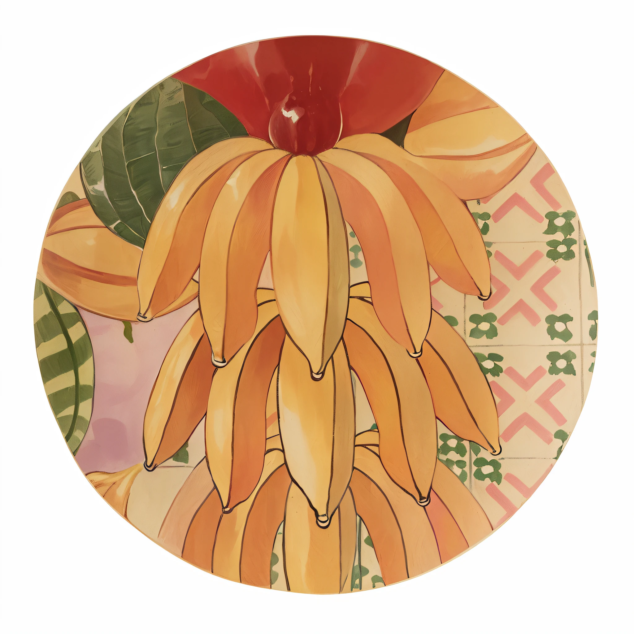 There's a painting of a bunch of bananas on a plate, inspirado em Ambrosius Bosschaert II, inspirado em Ambrosius Bosschaert, Flores de Kalighat, botanico, botanicals, Directed by: Barbara Nessim, inspirado em Francesco Clemente, imagem detalhada, botanico, Muito Detalhe, botanical art, inspirado em Gustave Baumann, inspirado em Vanessa Bell