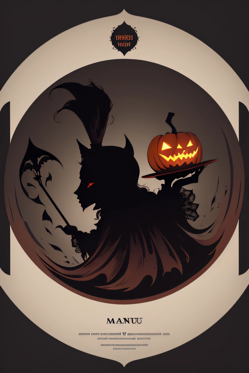 Halloween-Style Menu Card Design
Background: Dark and elegant. Consider muted shades (e.g., deep black, blood red).
Top & Borders:
Top: Haunted mansion, bat silhouettes, full moon.
Borders: Pumpkins, ghosts, cobwebs, witch brooms.
Center: Clear, contrasting shade for menu text readability.