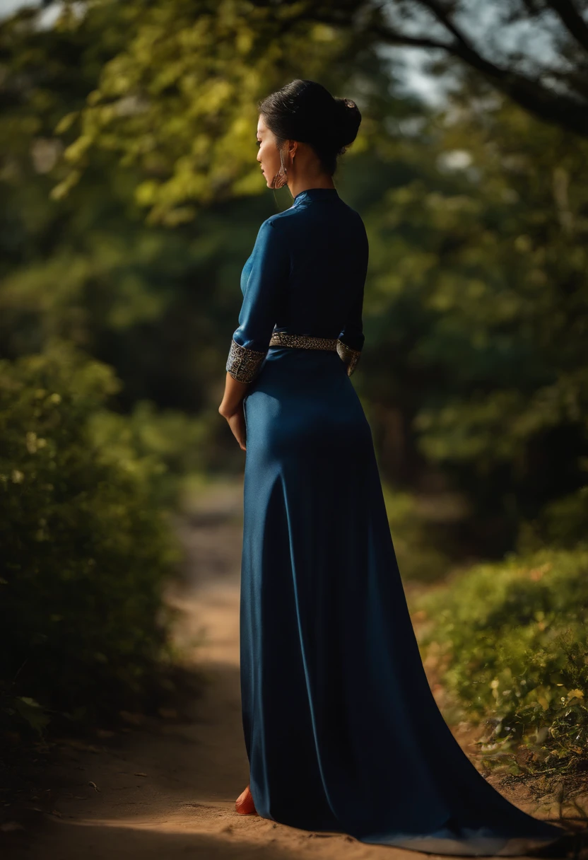 8K, Meisterwerk, RAW-Foto, best qulaity, Fotorealistik, hochdetailliertes CG Unity 8k Hintergrundbild, Depth of field, Filmisches Licht, Blendenflecke, (an extremely beautiful figure),, hochgesteckte Frisur, Ansicht von hinten, (Ultra-detaillierte Haut), tiefen Schatten, Beautiful Vietnamese girl from behind, (Vietnamesisches Modell mit Ao Dai), (verschwommener Hintergrund), Late autumn, (ohne Menschen dahinter:1.3), beautiful earrings, Armbands, Halskette, Gehen, (blasse haut), Blick nach vorn, Bewegung nach vorn, (Froschperspektive), Blick von der Fahrbahn, (schwarzes Haar), (Kleid), (durchsichtig), (Blick nach vorn) very thin, (Schuss von hinten), durchsichtig, Buttocks of medium size,. Model goes out on the street in backlight, ((Ansicht von hinten)), Shadows on the road, Young woman in tight-fitting traditional Vietnamese Áo dài from behind on the street, warmes Herbstlicht, Gegenlicht, Schatten, Blick von der Fahrbahn, long beautiful blue Áo dài,