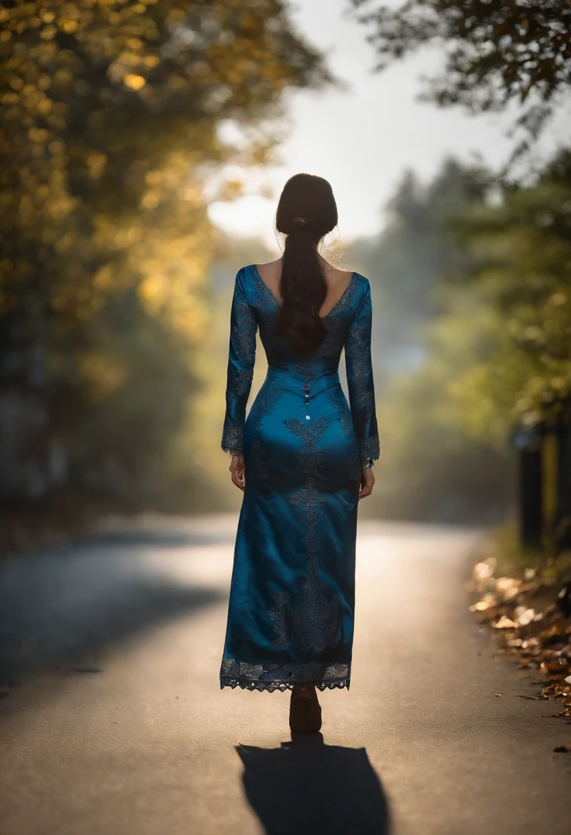 8K, Meisterwerk, RAW-Foto, best qulaity, Fotorealistik, hochdetailliertes CG Unity 8k Hintergrundbild, Depth of field, Filmisches Licht, Blendenflecke, (an extremely beautiful figure),, hochgesteckte Frisur, Ansicht von hinten, (Ultra-detaillierte Haut), tiefen Schatten, Beautiful Vietnamese girl from behind, (Vietnamesisches Modell mit Ao Dai), (verschwommener Hintergrund), Late autumn, (ohne Menschen dahinter:1.3), beautiful earrings, Armbands, Halskette, Gehen, (blasse haut), Blick nach vorn, Bewegung nach vorn, (Froschperspektive), Blick von der Fahrbahn, (schwarzes Haar), (Kleid), (durchsichtig), (Blick nach vorn) very thin, (Schuss von hinten), durchsichtig, Buttocks of medium size,. Model goes out on the street in backlight, ((Ansicht von hinten)), Shadows on the road, Young woman in tight-fitting traditional Vietnamese Áo dài from behind on the street, warmes Herbstlicht, Gegenlicht, Schatten, Blick von der Fahrbahn, long beautiful blue Áo dài,