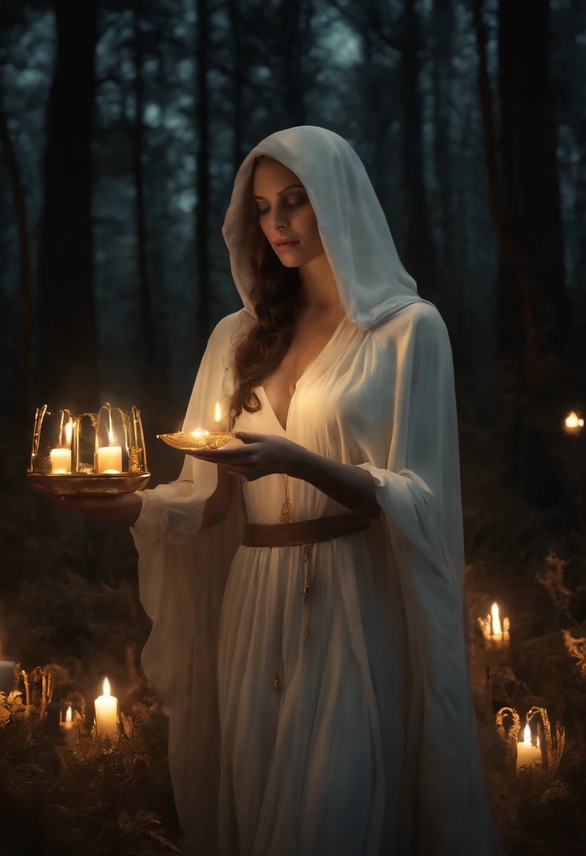 master part, best quality, ultra high-resolution, Beautiful, Visualmente deslumbrante, elegante, incredible details, Arte premiada, G0S1, ghost,Hood,capa rasgada, ezio, Natureza, floresta, noite, mistborn, night sky, 1girl, sozinho, seios, Sem humanos, (nine golden chalices on the ground)