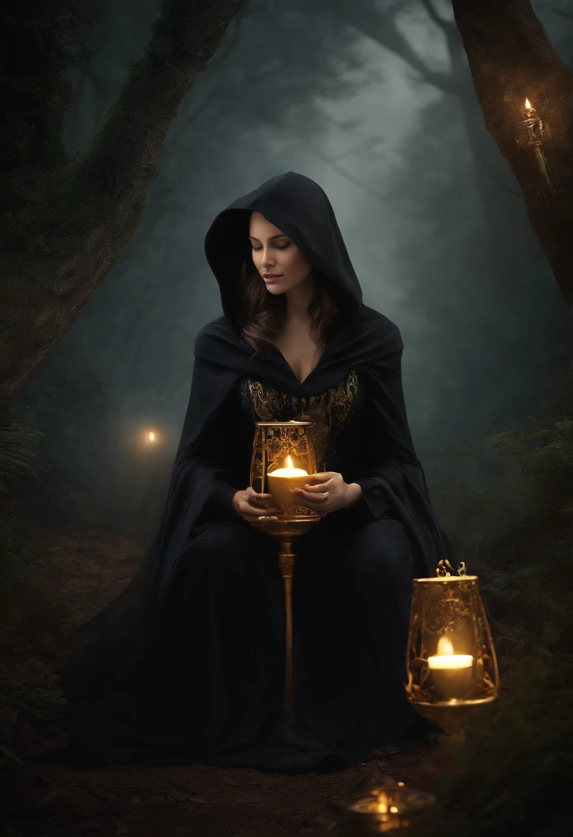 master part, best quality, ultra high-resolution, Beautiful, Visualmente deslumbrante, elegante, incredible details,  Arte premiada,  G0S1, ghost,Hood,capa rasgada,  ezio,     Natureza, floresta, noite, mistborn, night sky,     1girl, sozinho, seios, Sem humanos, (nine golden chalices on the ground)