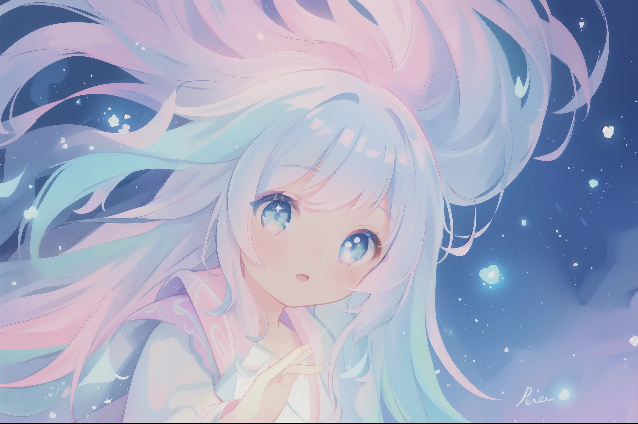 beautiful girl, vibrant pastel colors, vibrant pastel colors, flowing white dress(colorful), magical lights, long flowing colorful hair, inspired by Glen Keane, inspired by Lois van Baarle, disney art style, by Lois van Baarle, glowing aura around her, by Glen Keane, jen bartel, glowing lights! digital painting, flowing glowing hair, glowing flowing hair, beautiful digital illustration, fantasia background, whimsical, magical, fantasy, beautiful face, ((masterpiece, best quality)), intricate details, highly detailed, sharp focus, 8k resolution, sparkling detailed eyes, liquid watercolor