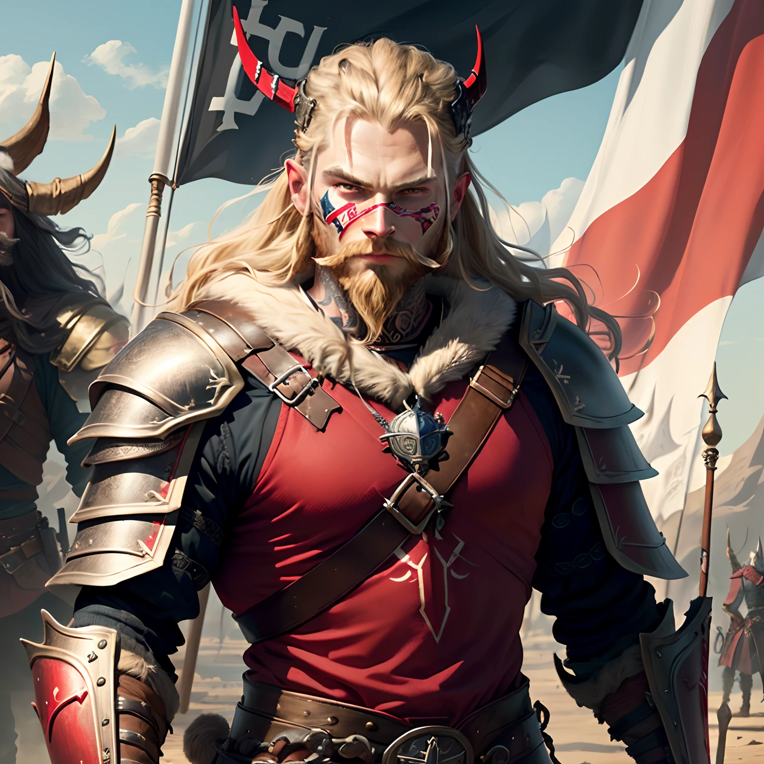 Viking in red and black armor with a flag in his hand and a P tattooed on his face