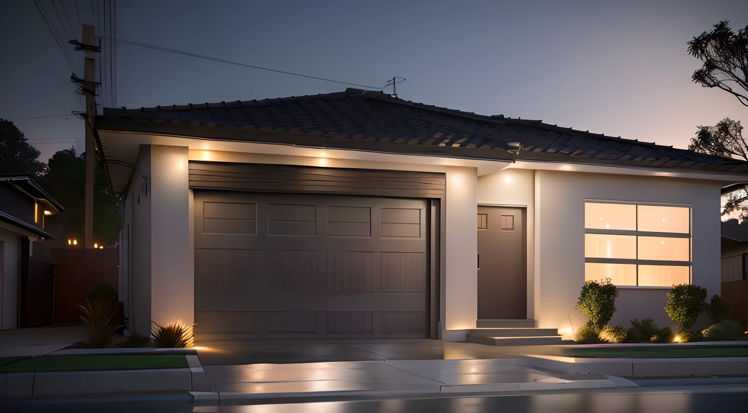 There is a picture of a house with a garage and a fire hydrant, cinematic outdoor lighting, ambient lighting at night, night time render, render 3d bem iluminado, cinematic accent lighting, em frente a uma garagem, photo taken at night, Modern setting, tiro noturno, Photorealistic rendering, lighting dramatic, renderizado, hyperrealistic rendering, dramatic night lighting