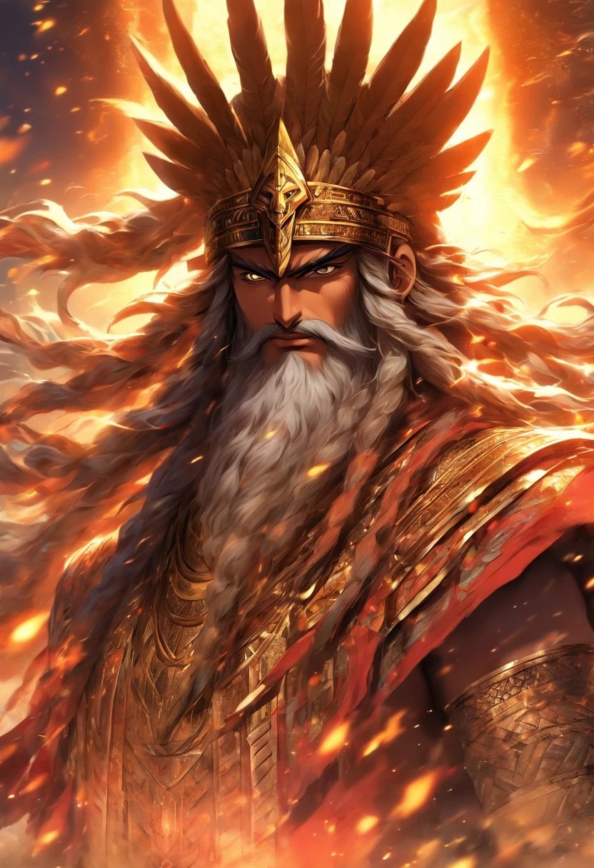 (((ANU))) best quality, ultra-high resolution, 4K detailed CG, masterpiece, Sumerian God, horn, clouds, Sumerian clothing, Sumerian mythology, ((God of heaven)), Sumerian image, aesthetic, screen-centered, full body