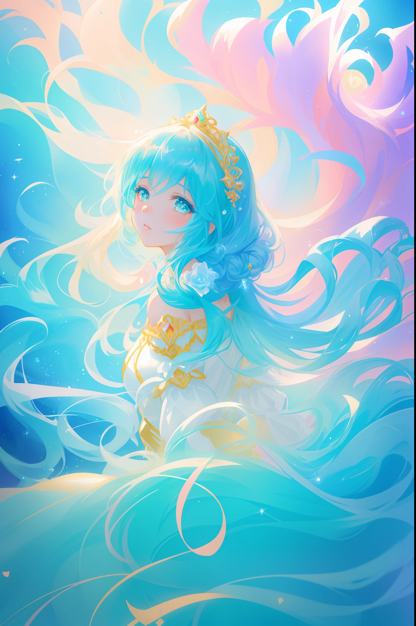 beautiful girl, puffy tiered princess ballgown with puffy long sleeves, vibrant pastel colors, (colorful), glowing golden long hair, magical lights, sparkling magical liquid, inspired by Glen Keane, inspired by Lois van Baarle, disney art style, by Lois van Baarle, glowing aura around her, by Glen Keane, jen bartel, glowing lights! digital painting, flowing glowing hair, glowing flowing hair, beautiful digital illustration, fantasia background, whimsical, magical, fantasy, ((beautiful face)), ((masterpiece, best quality)), intricate details, highly detailed, sharp focus, 8k resolution, sparkling detailed eyes, liquid watercolor