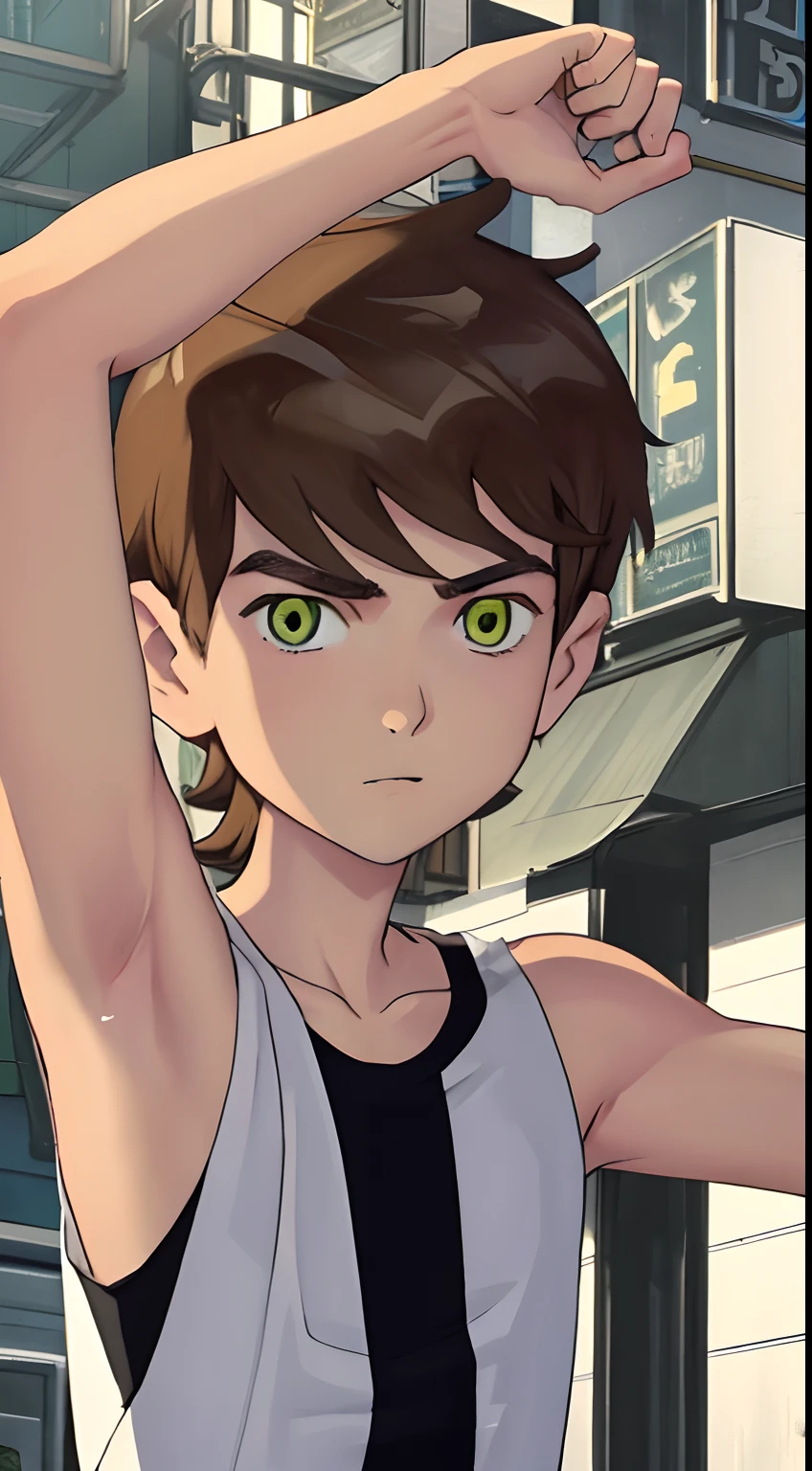 Highres, Masterpiece, Best quality at best,Best Quality, 1boy, bentennyson, green eyes, cargo pants, watch, white tank top, close-up the body, upper body,  the day, summer, (armpit)