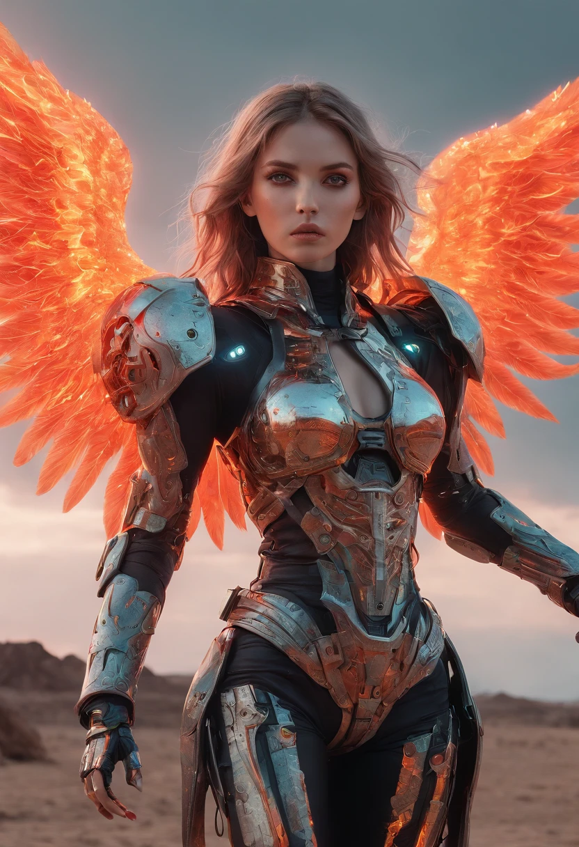 Cosmic cyberpunk Fallen Angel wearing Neon Mecha Armour, Flaming Sword glowing light eyes, Biomechanical, eerie, Creepy, nightmarish, Very bright neon colours, Light particles, with light glowing, , Mushroom Cloud, winner of the year's best photo, the world on fire, post-apocalyptic hellscape military photography, photo epic of the year, fire on the horizon, epic cinematic shot, pure form, intricate detail, 8k post-production, High resolution, super Detail, trending on ArtStation, sharp focus, studio photos, intricate detail, Very detailed, By Greg Rutkowski, Mshiff, wallpaper art, UHD wallpaper