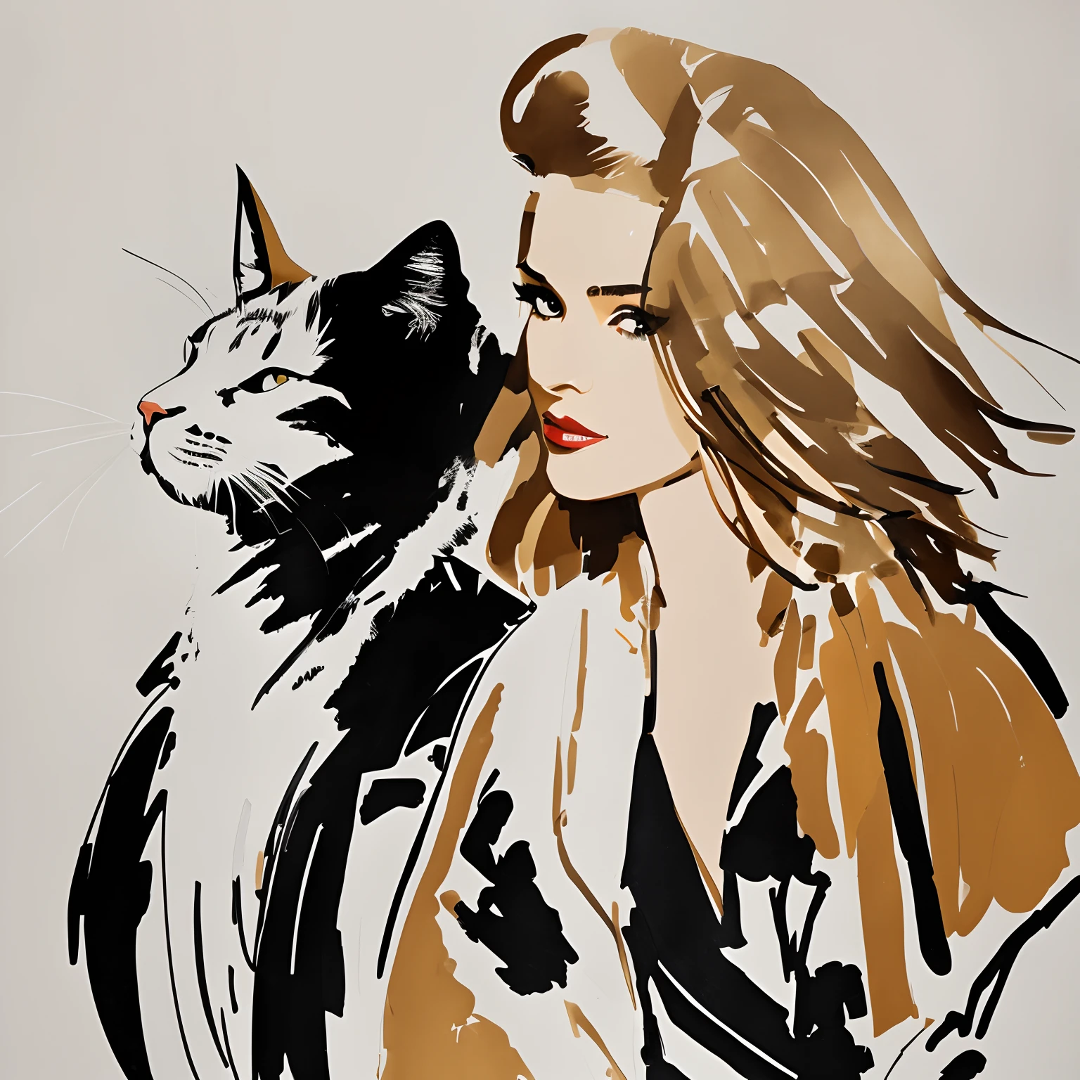 David Downton fashion illustration blonde 1 woman thin hair bob leather jacket selfie portrait, and cat, and pineapple fruit