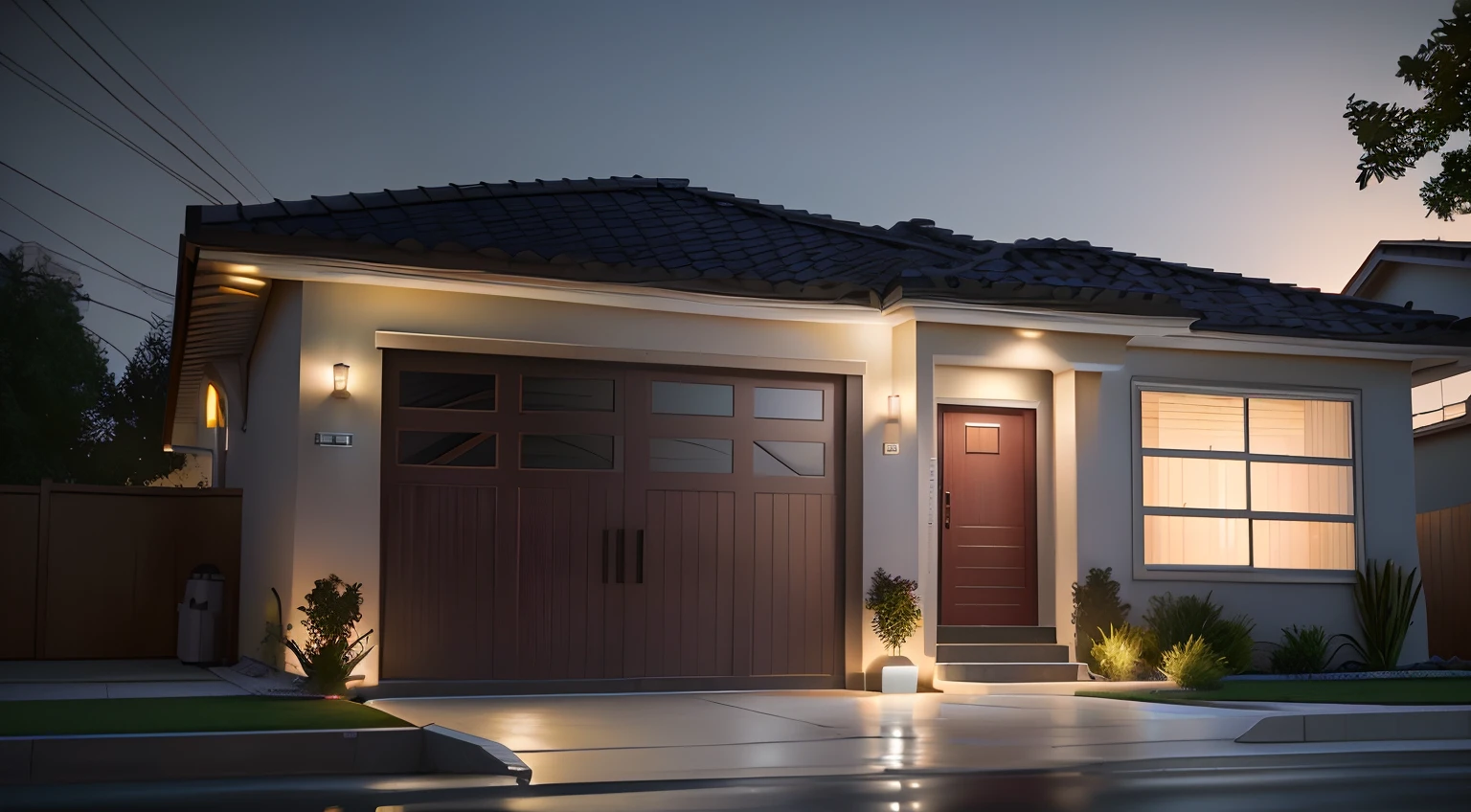 There is a picture of a house with a garage and a fire hydrant, cinematic outdoor lighting, ambient lighting at night, night time render, render 3d bem iluminado, cinematic accent lighting, em frente a uma garagem, photo taken at night, Modern setting, tiro noturno, Photorealistic rendering, lighting dramatic, renderizado, hyperrealistic rendering, dramatic night lighting
