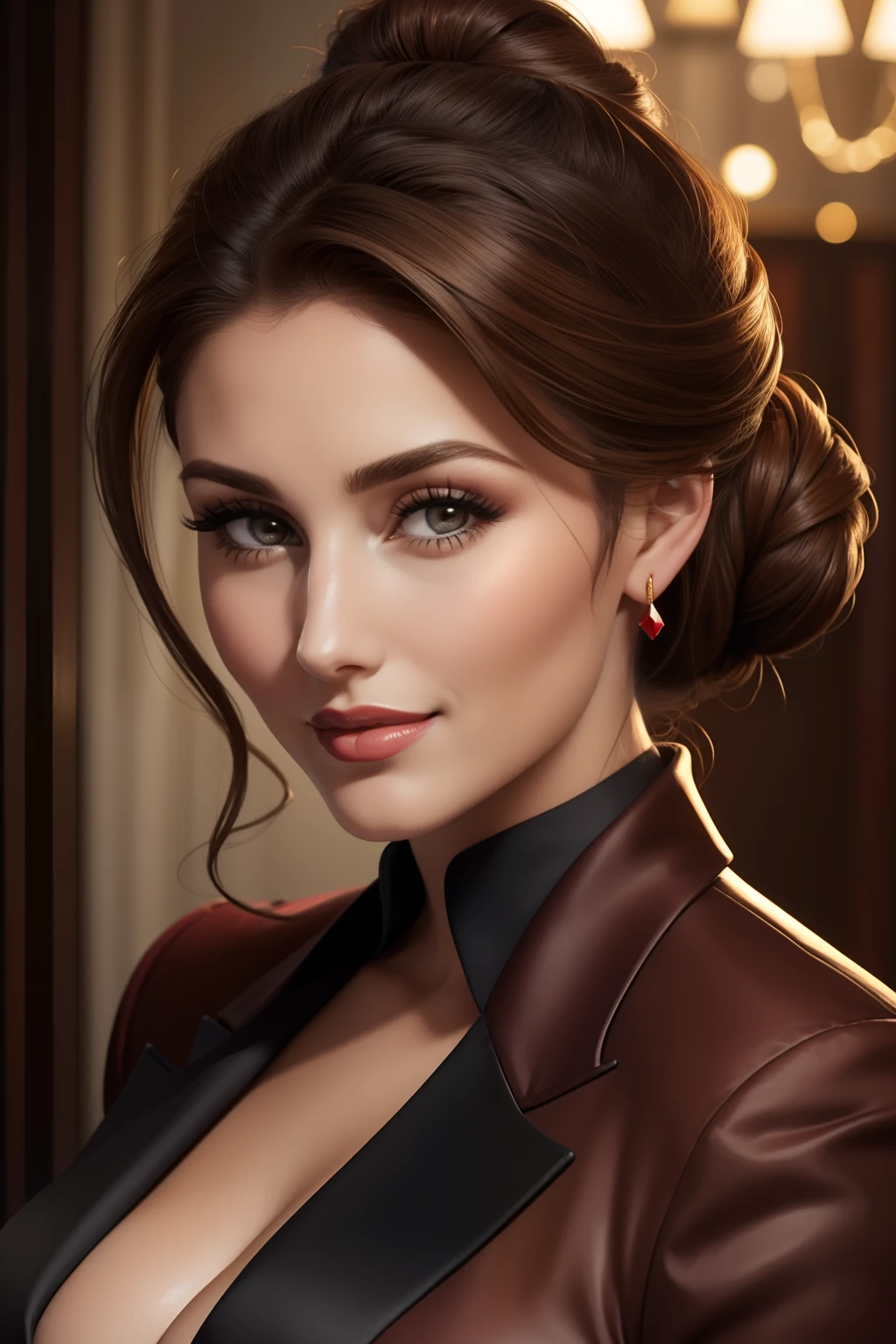 Lucy Pinder, Portrait of face, smiling, brown hair, hair tied in a chignon, red lipstick, black suit.