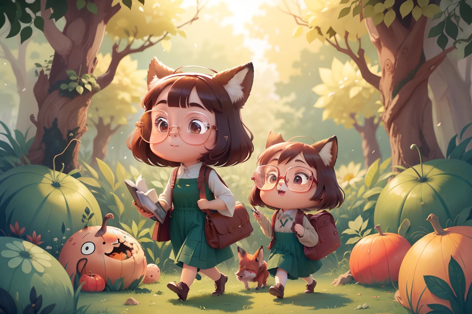 outonal，Horta da quinta，Huge pumpkin harvest。A fox with glasses, Kind of like female teacher walking next to another little fox carrying a notebook in her hands，intrigante，delicate facial features，alegria，alta qualidade。