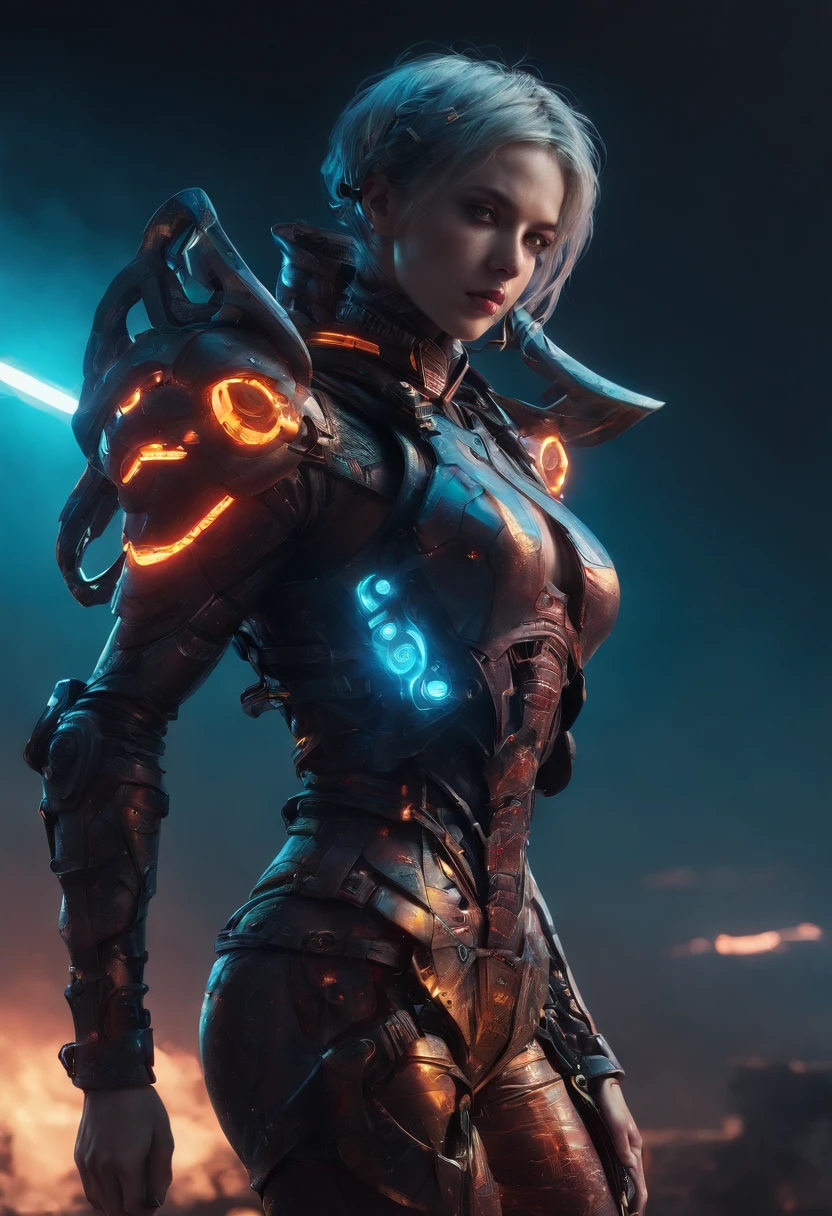 Cosmic cyberpunk Fallen Angel wearing Neon Mecha Armour, Flaming Sword glowing light eyes, Biomechanical, eerie, Creepy, nightmarish, Very bright neon colours, Light particles, with light glowing, , Mushroom Cloud, winner of the year's best photo, the world on fire, post-apocalyptic hellscape military photography, photo epic of the year, fire on the horizon, epic cinematic shot, pure form, intricate detail, 8k post-production, High resolution, super Detail, trending on ArtStation, sharp focus, studio photos, intricate detail, Very detailed, By Greg Rutkowski, Mshiff, wallpaper art, UHD wallpaper