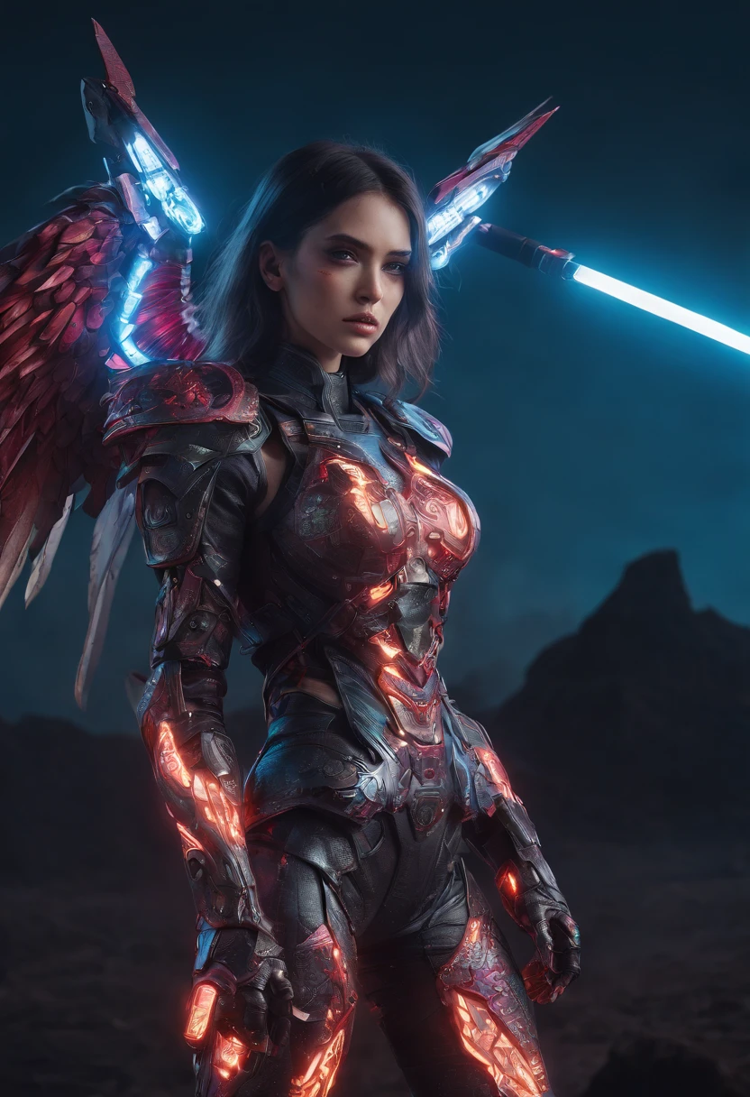 Cosmic cyberpunk Fallen Angel wearing Neon Mecha Armour, Flaming Sword glowing light eyes, Biomechanical, eerie, Creepy, nightmarish, Very bright neon colours, Light particles, with light glowing, , Mushroom Cloud, winner of the year's best photo, the world on fire, post-apocalyptic hellscape military photography, photo epic of the year, fire on the horizon, epic cinematic shot, pure form, intricate detail, 8k post-production, High resolution, super Detail, trending on ArtStation, sharp focus, studio photos, intricate detail, Very detailed, By Greg Rutkowski, Mshiff, wallpaper art, UHD wallpaper
