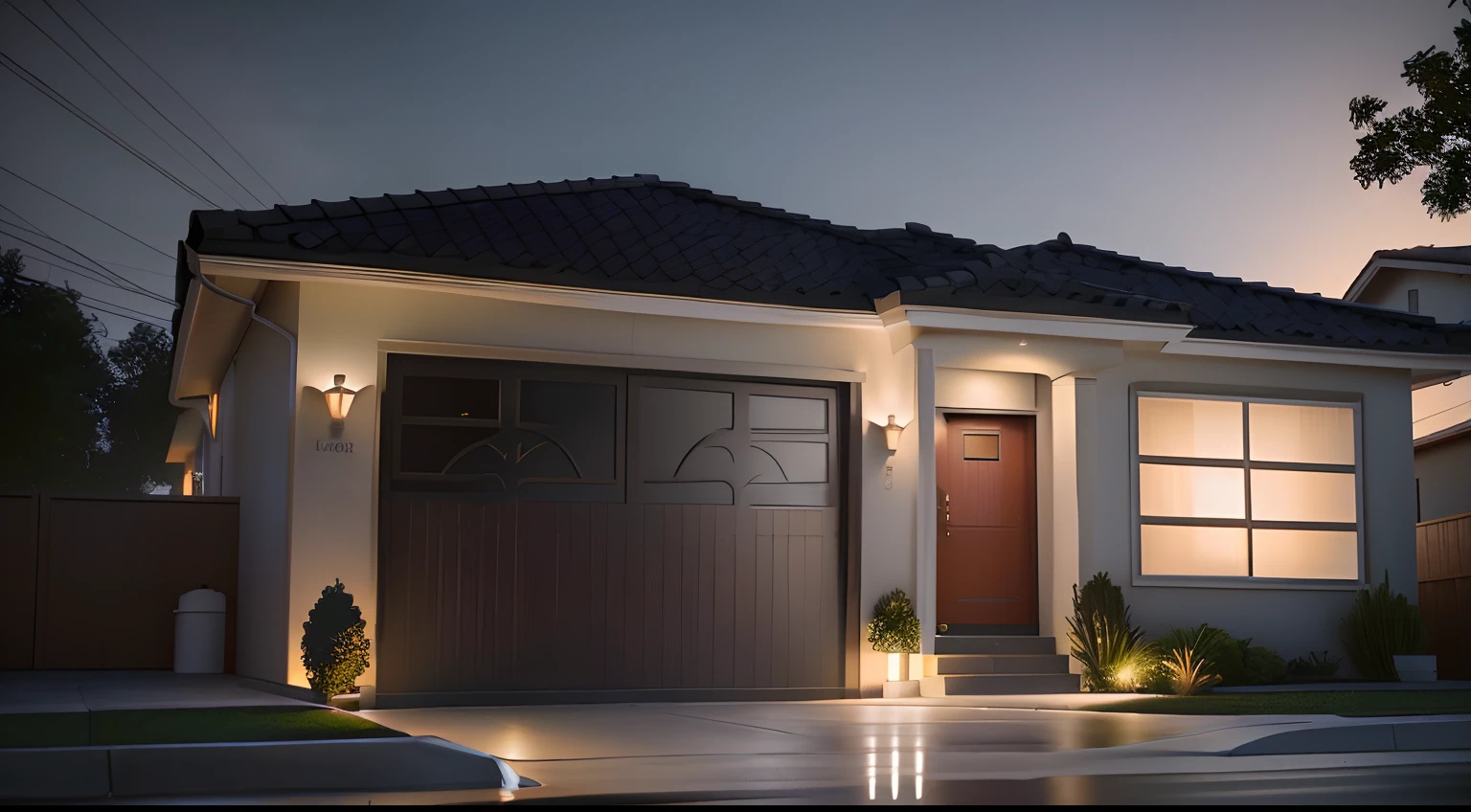 There is a picture of a house with a garage and a fire hydrant, cinematic outdoor lighting, ambient lighting at night, night time render, render 3d bem iluminado, cinematic accent lighting, em frente a uma garagem, photo taken at night, Modern setting, tiro noturno, Photorealistic rendering, lighting dramatic, renderizado, hyperrealistic rendering, dramatic night lighting
