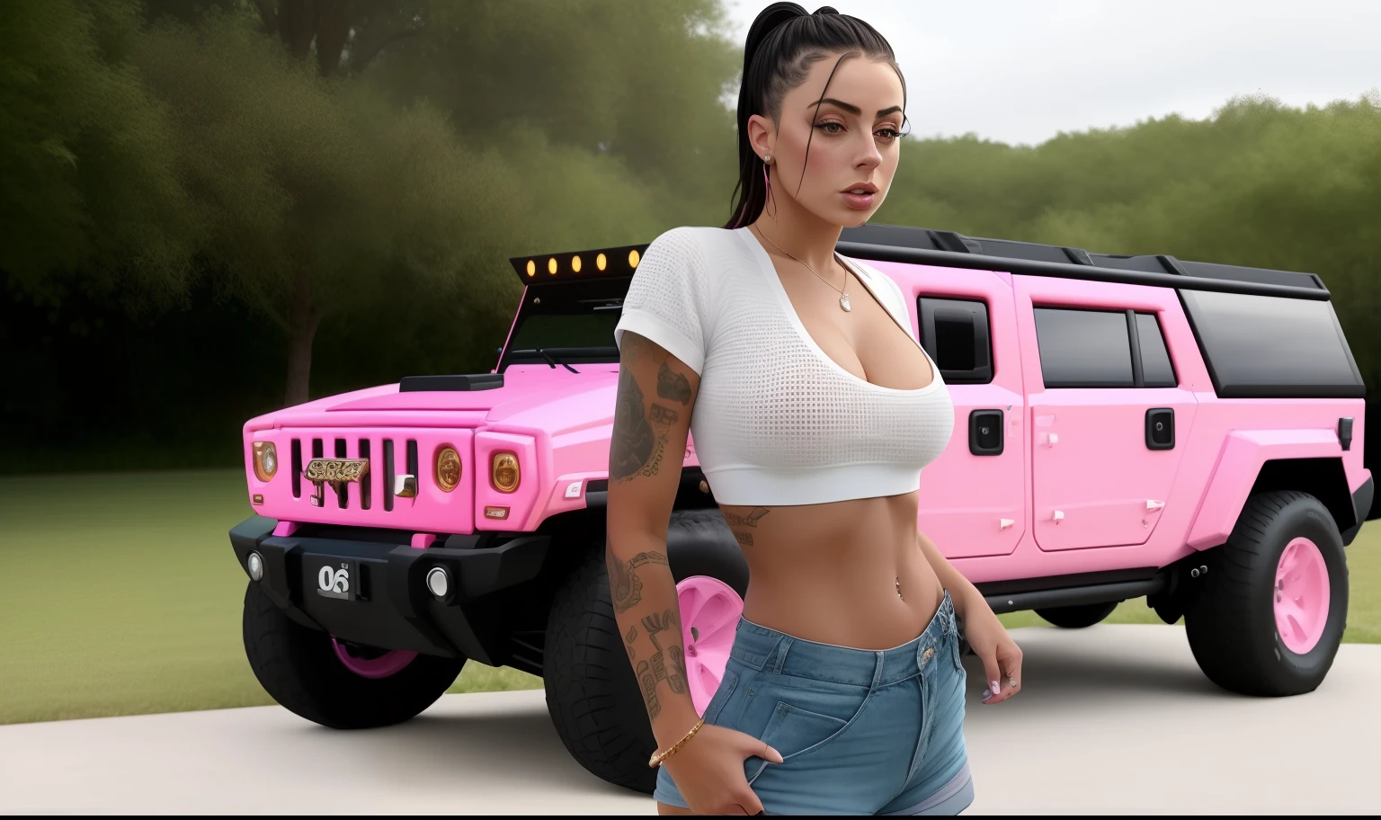 Femme arafed en  g-string, debout devant un hummer rose, Beau Poarch, Chat Doja, 🐎🍑, Looking hot, seems realistic, porter un cropped top sexy, soutien-gorge et shorts streetwear, very realistic, Le plus petit midriff de tous les temps, very very realistic, Charli XCX, Realistic artwork, very very very realistic