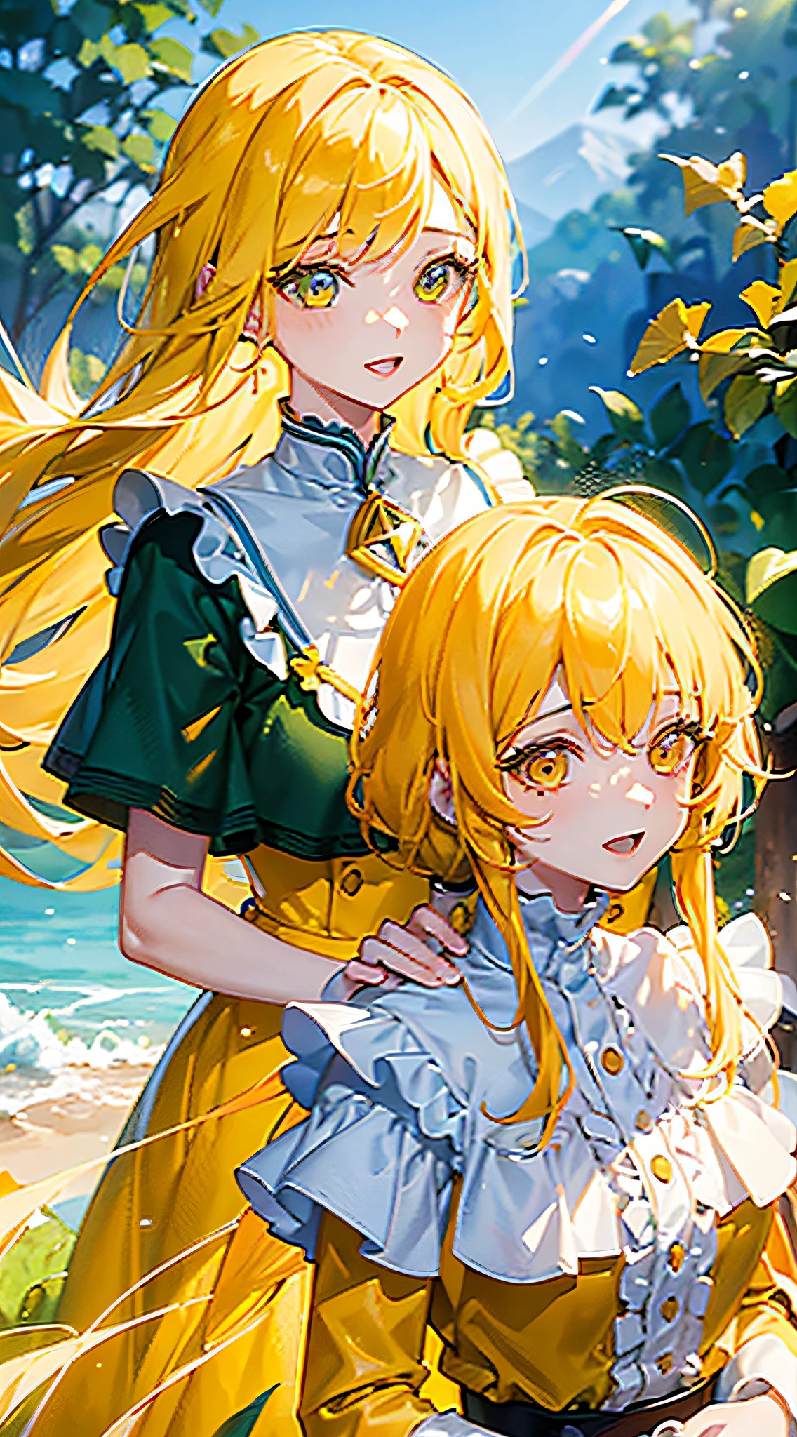 2girls,yellow outfits,yellow hair,(best quality:1.2),(vibrant colors),(soft lighting),beautiful detailed eyes,beautiful detailed lips,longeyelashes,yellow dresses,flowing hair,joyful expression,green background,natural setting,soft sunlight