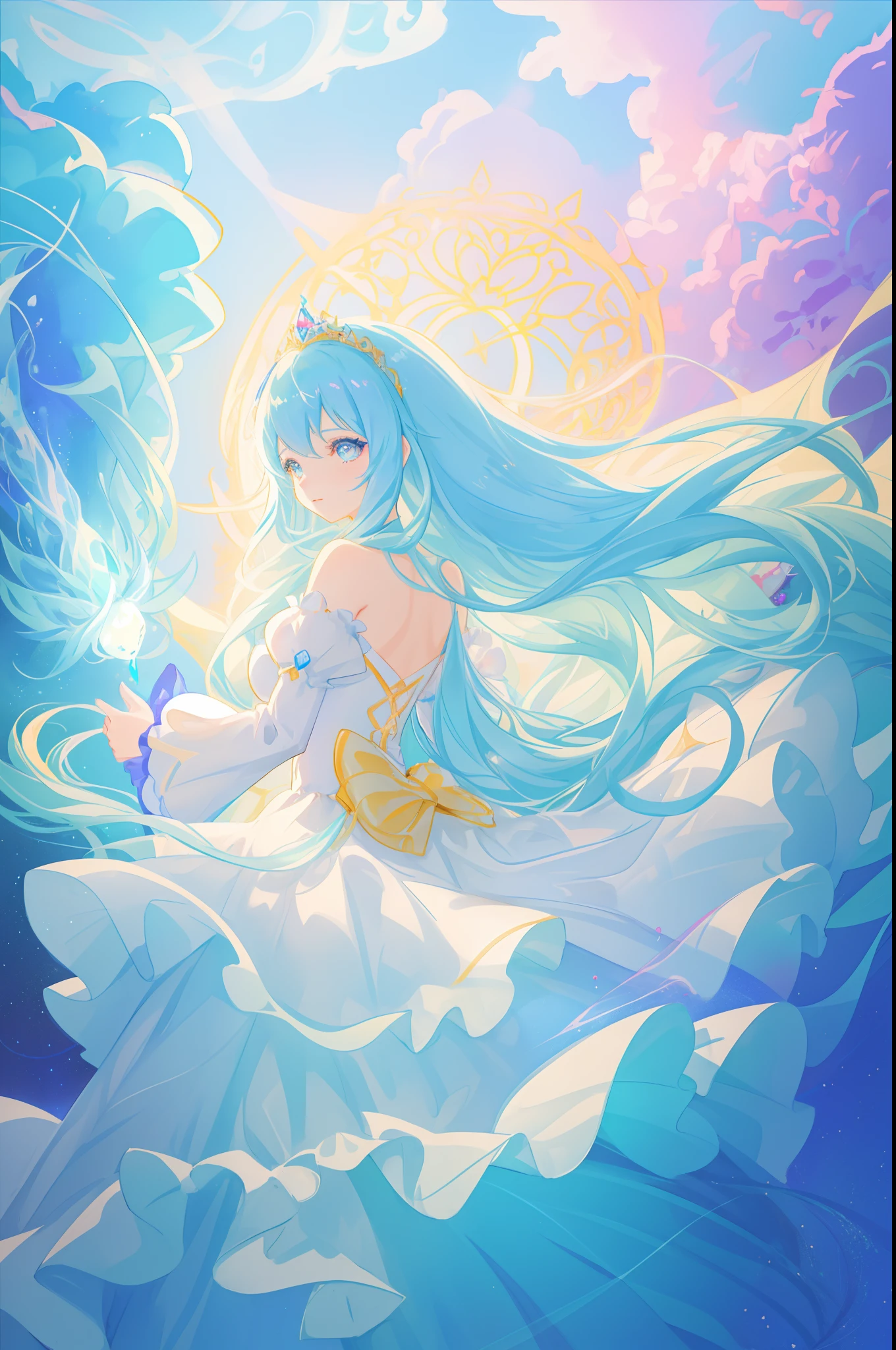 beautiful girl, puffy tiered princess ballgown with puffy long sleeves, vibrant pastel colors, (colorful), glowing golden long hair, magical lights, sparkling magical liquid, inspired by Glen Keane, inspired by Lois van Baarle, disney art style, by Lois van Baarle, glowing aura around her, by Glen Keane, jen bartel, glowing lights! digital painting, flowing glowing hair, glowing flowing hair, beautiful digital illustration, fantasia background, whimsical, magical, fantasy, ((beautiful face)), ((masterpiece, best quality)), intricate details, highly detailed, sharp focus, 8k resolution, sparkling detailed eyes, liquid watercolor