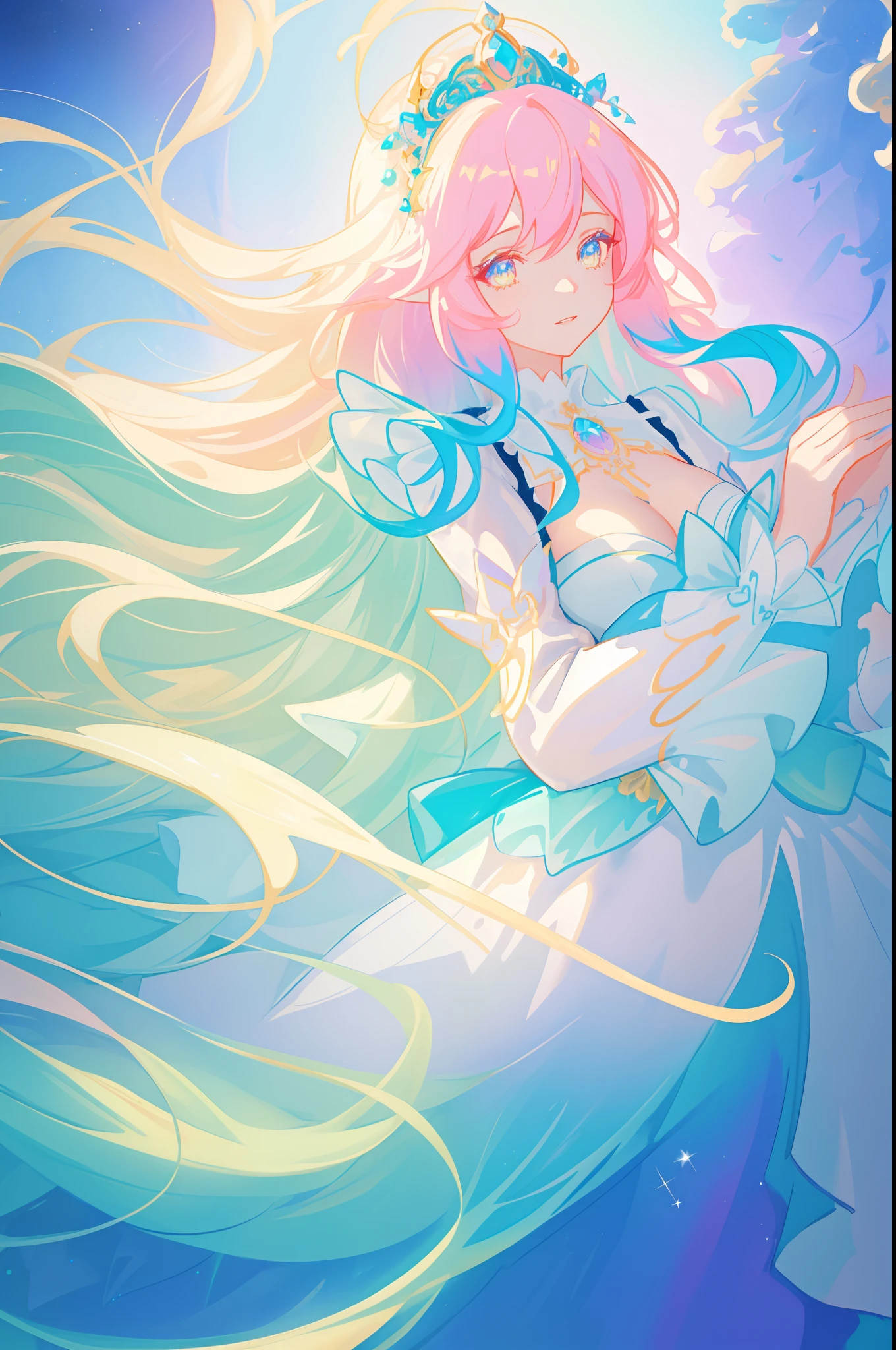 beautiful girl, puffy tiered princess ballgown with puffy long sleeves, vibrant pastel colors, (colorful), glowing golden long hair, magical lights, sparkling magical liquid, inspired by Glen Keane, inspired by Lois van Baarle, disney art style, by Lois van Baarle, glowing aura around her, by Glen Keane, jen bartel, glowing lights! digital painting, flowing glowing hair, glowing flowing hair, beautiful digital illustration, fantasia background, whimsical, magical, fantasy, ((beautiful face)), ((masterpiece, best quality)), intricate details, highly detailed, sharp focus, 8k resolution, sparkling detailed eyes, liquid watercolor