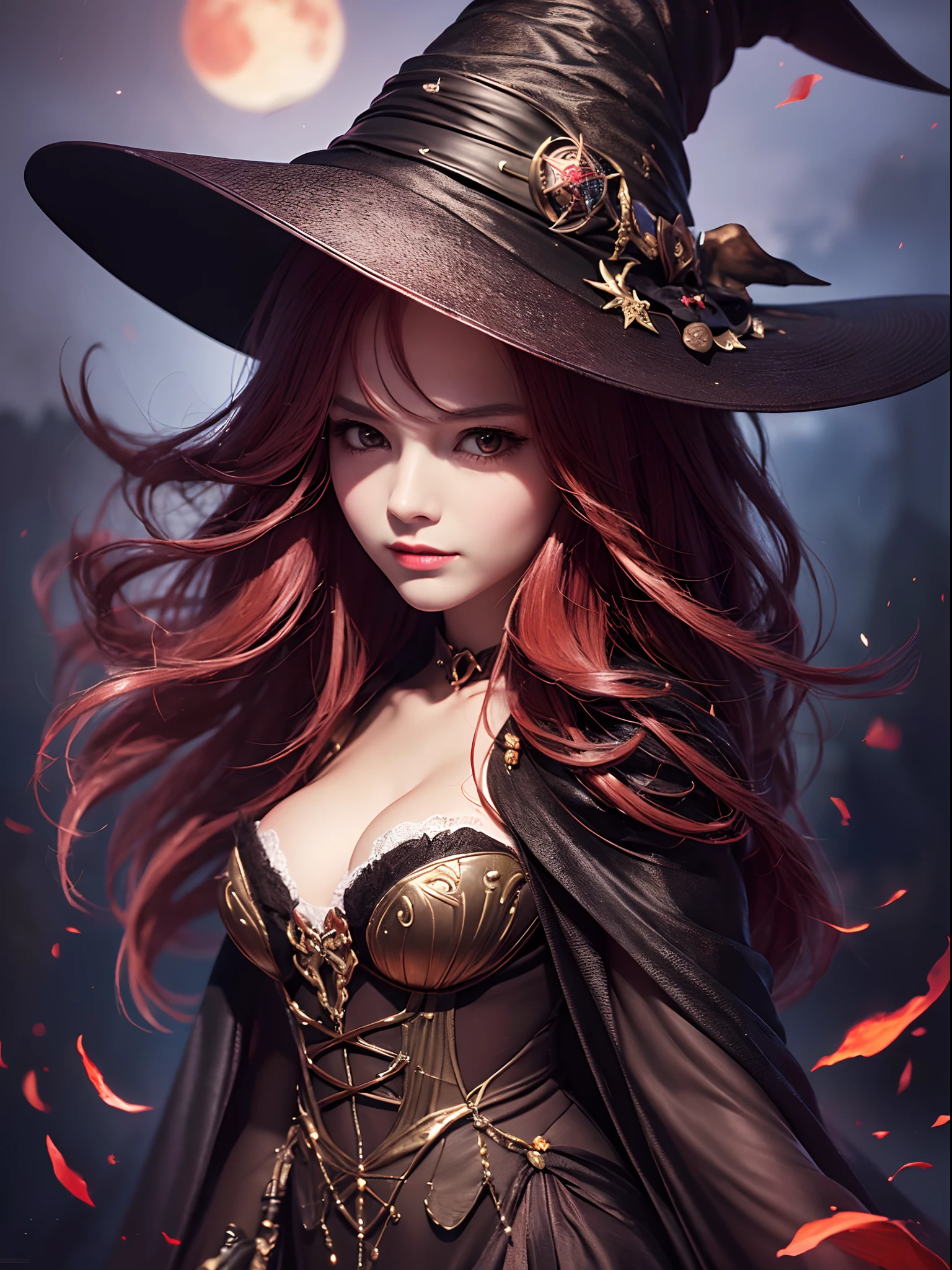 ((Finest quality)),(超A high resolution),(ultra-detailliert),(Meticulous portrayal),((Best CG)),(Finest works of art),Ultra-Precision Art,The art of astounding depiction, Red moon is shining, (One Witch:1.4),Detailed and beautiful witch robes,The Magic of the Wind:1.3