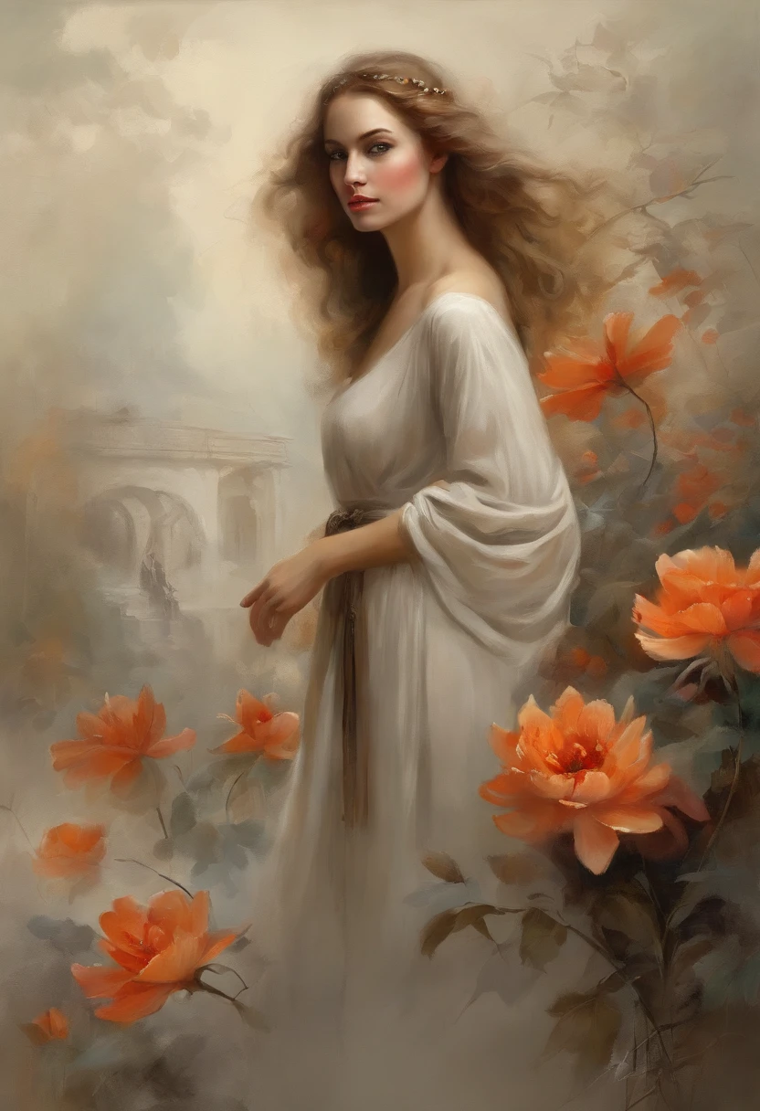 The man in the background is standing, Give a flower, A mulher, Sentado na borda, flor, Long, flowing fabric for dress, rostos clarosMagalie Villeneuve, Magali Villeneuve», inspirado em Magali Villeneuve, Graphic artist Magali Villeneuve, Magali Villeneuve e Monet, Charlie Bowater e Artgeem, Charlie Bower e Tom Bagshaw, Darius Zawadzki e Tom Bagshaw