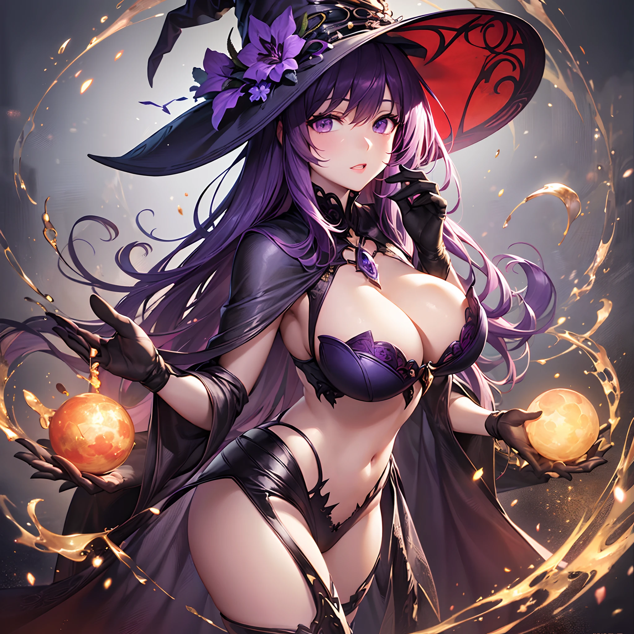 ((Finest quality)),(超A high resolution),(ultra-detailliert),(Meticulous portrayal),((Best CG)),(Finest works of art),Ultra-Precision Art,The art of astounding depiction, (Red moon is shining), (One Witch:1.4),(Violet hair:1.5),Glamorous Body,cleavage of the breast,a navel,Detailed and beautiful witch robes,The Magic of the Wind:1.3, owls