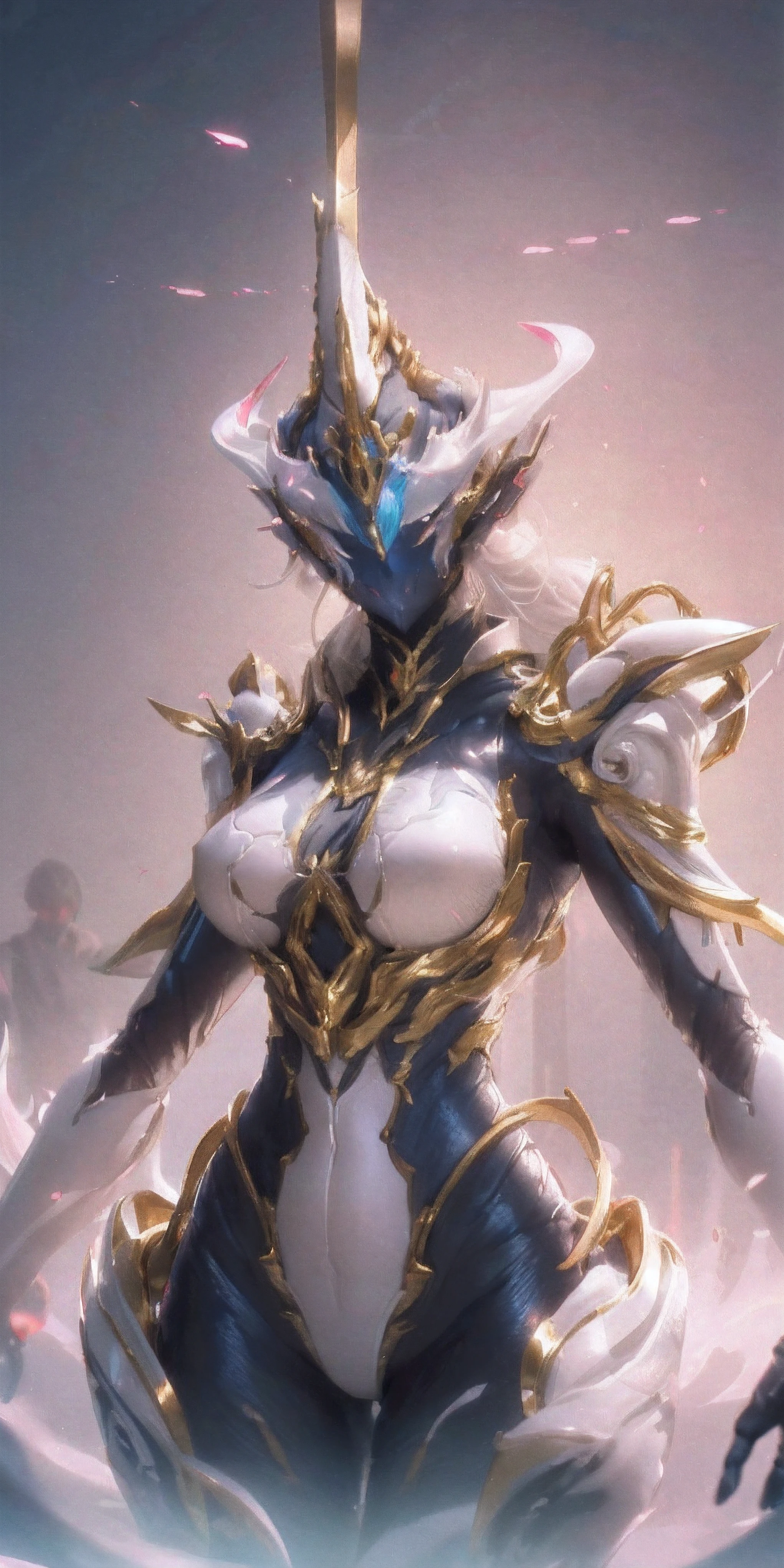 1 girl, no face, mysterious, helmet, unicorn horn, glowing wing, bodysuit,Extreme detail expression, Glossy metal, dynamic angle, detailed light, dramatic_shadow, ray_tracing, reflection,Raw, cinematic shot, (sharp focus:1.5), (photorealistic:1.2), twilight lighting, volumetric lighting, ultra high res, 16K,dramatic lighting,