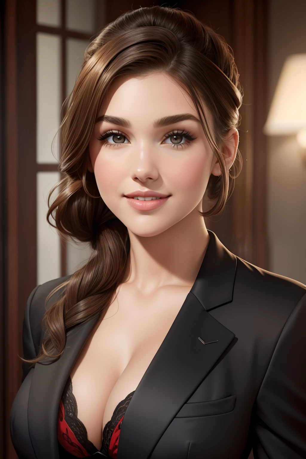 Lucy Pinder, Face portrait, smiling, brown hair, hair tied in a chignon, red lipstick, black suit, Hailee Steinfeld