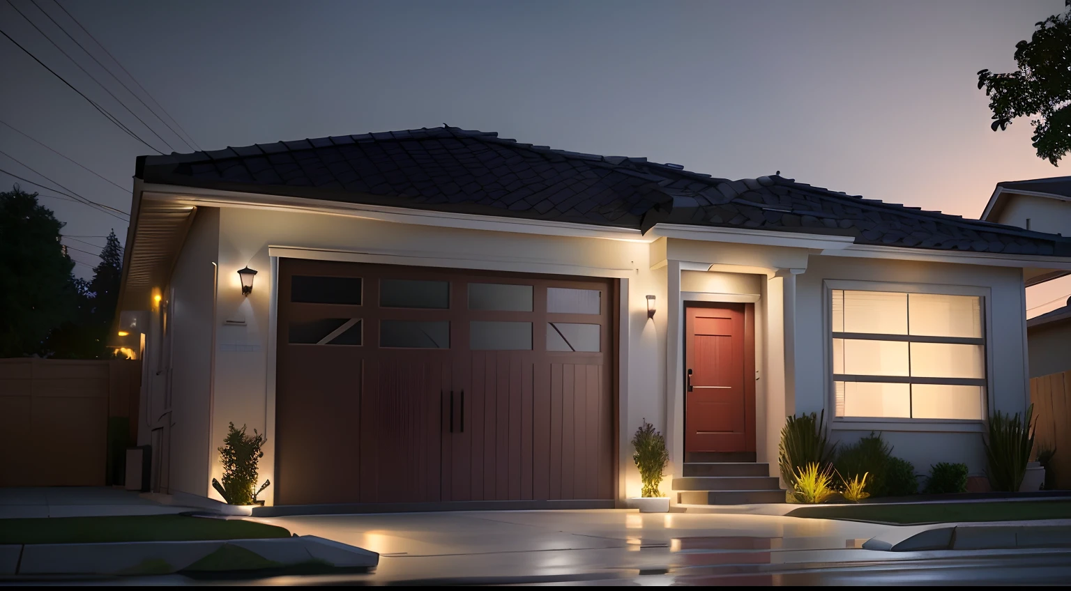 There is a picture of a house with a garage and a fire hydrant, cinematic outdoor lighting, ambient lighting at night, night time render, render 3d bem iluminado, cinematic accent lighting, em frente a uma garagem, photo taken at night, Modern setting, tiro noturno, Photorealistic rendering, lighting dramatic, renderizado, hyperrealistic rendering, dramatic night lighting