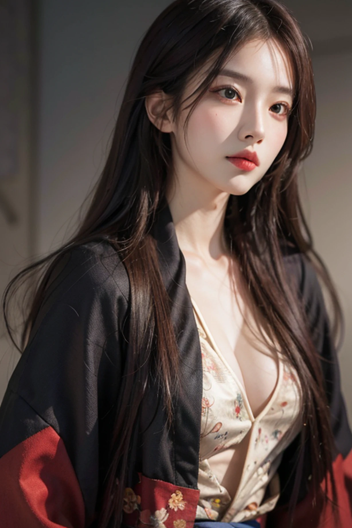 photorealistic, high resolution, 1 girl, waist up, red hair, long wavy hair, black eyes, face to face, chinese style, hanfu, closed clothes, normal breast