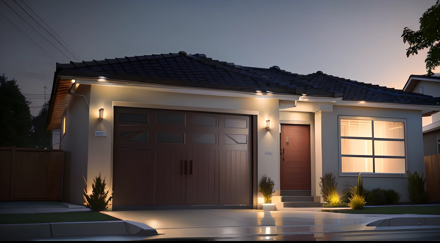 There is a picture of a house with a garage and a fire hydrant, cinematic outdoor lighting, ambient lighting at night, night time render, render 3d bem iluminado, cinematic accent lighting, em frente a uma garagem, photo taken at night, Modern setting, tiro noturno, Photorealistic rendering, lighting dramatic, renderizado, hyperrealistic rendering, dramatic night lighting