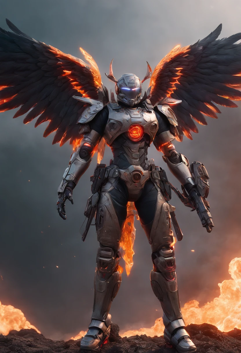 Cosmic cyberpunk Fallen Angel wearing Neon Mecha Armour, Flaming Sword glowing light eyes, Biomechanical, eerie, Creepy, nightmarish, Very bright neon colours, Light particles, with light glowing, , Mushroom Cloud, winner of the year's best photo, the world on fire, post-apocalyptic hellscape military photography, photo epic of the year, fire on the horizon, epic cinematic shot, pure form, intricate detail, 8k post-production, High resolution, super Detail, trending on ArtStation, sharp focus, studio photos, intricate detail, Very detailed, By Greg Rutkowski, Mshiff, wallpaper art, UHD wallpaper