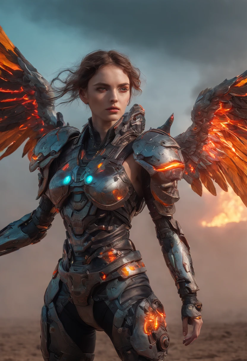 Cosmic cyberpunk Fallen Angel wearing Neon Mecha Armour, Flaming Sword glowing light eyes, Biomechanical, eerie, Creepy, nightmarish, Very bright neon colours, Light particles, with light glowing, , Mushroom Cloud, winner of the year's best photo, the world on fire, post-apocalyptic hellscape military photography, photo epic of the year, fire on the horizon, epic cinematic shot, pure form, intricate detail, 8k post-production, High resolution, super Detail, trending on ArtStation, sharp focus, studio photos, intricate detail, Very detailed, By Greg Rutkowski, Mshiff, wallpaper art, UHD wallpaper