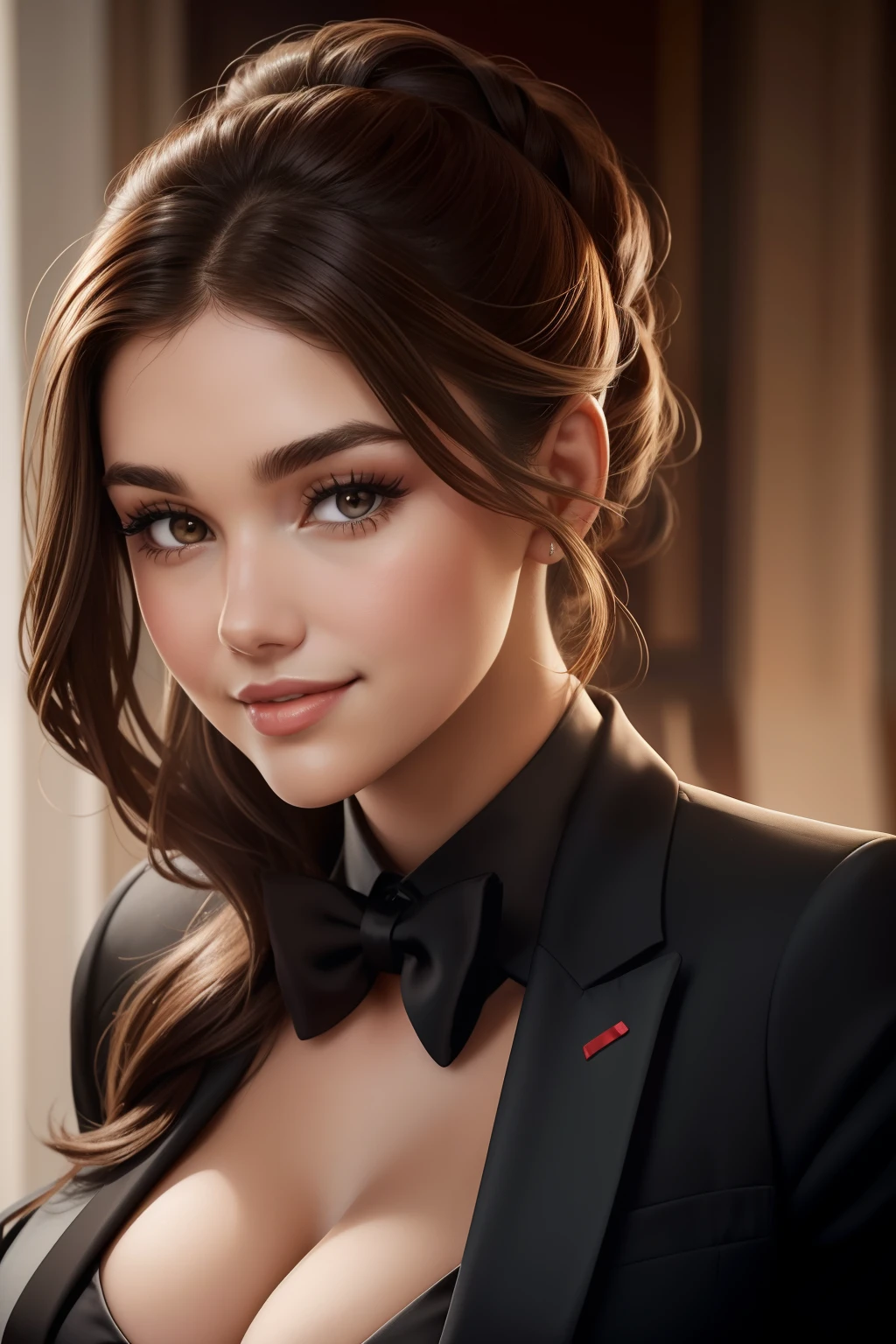 Lucy Pinder, Face portrait, smiling, brown hair, hair tied in a chignon, red lipstick, black suit, Hailee Steinfeld