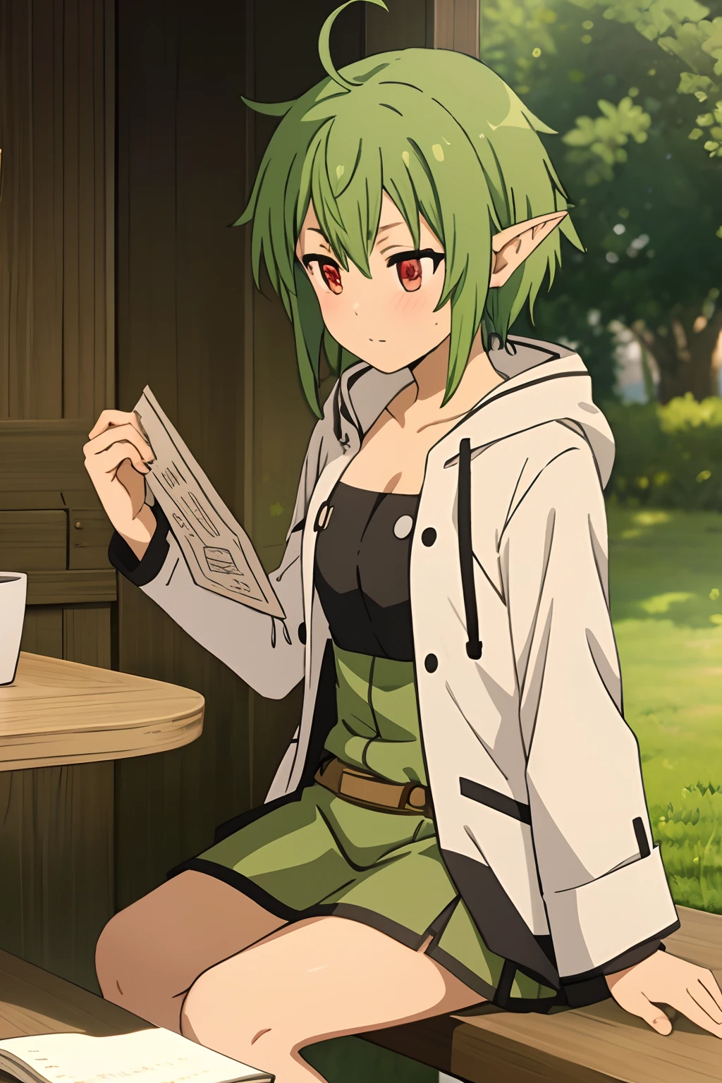 Sylphiette, Green hair, blush, Elfian's Ears, magician, Reading, Sitting at the table,