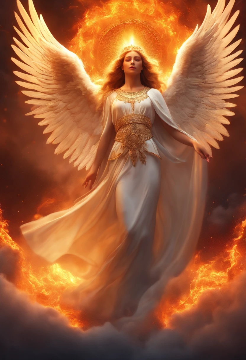 The angel burned her whole body on fire, holding her hand and crying for help., Temple on Fire, flame, ignite, Full body light, screaming, request