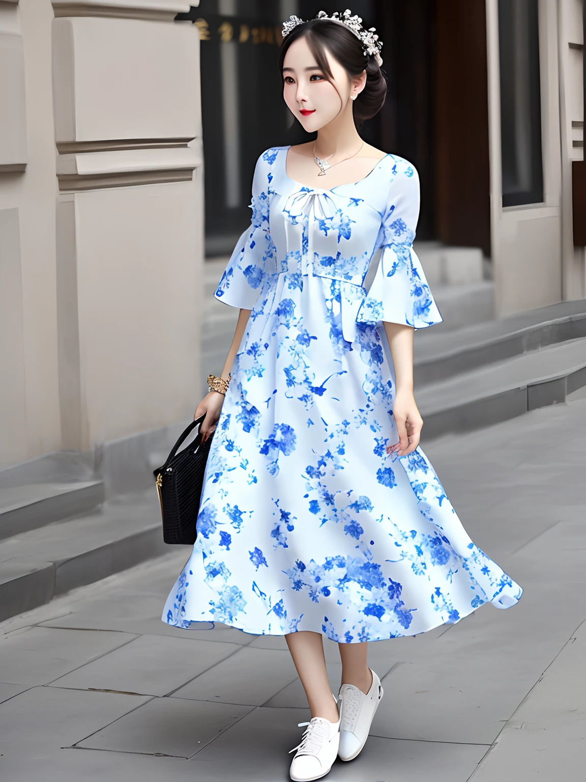Sky blue floral dress with little white shoes，There is a bit of elegance in purity。The chest of the dress was opened a little low，Plus the design of balloon sleeves，The peaks on Miss Fan's chest became more and more towering。