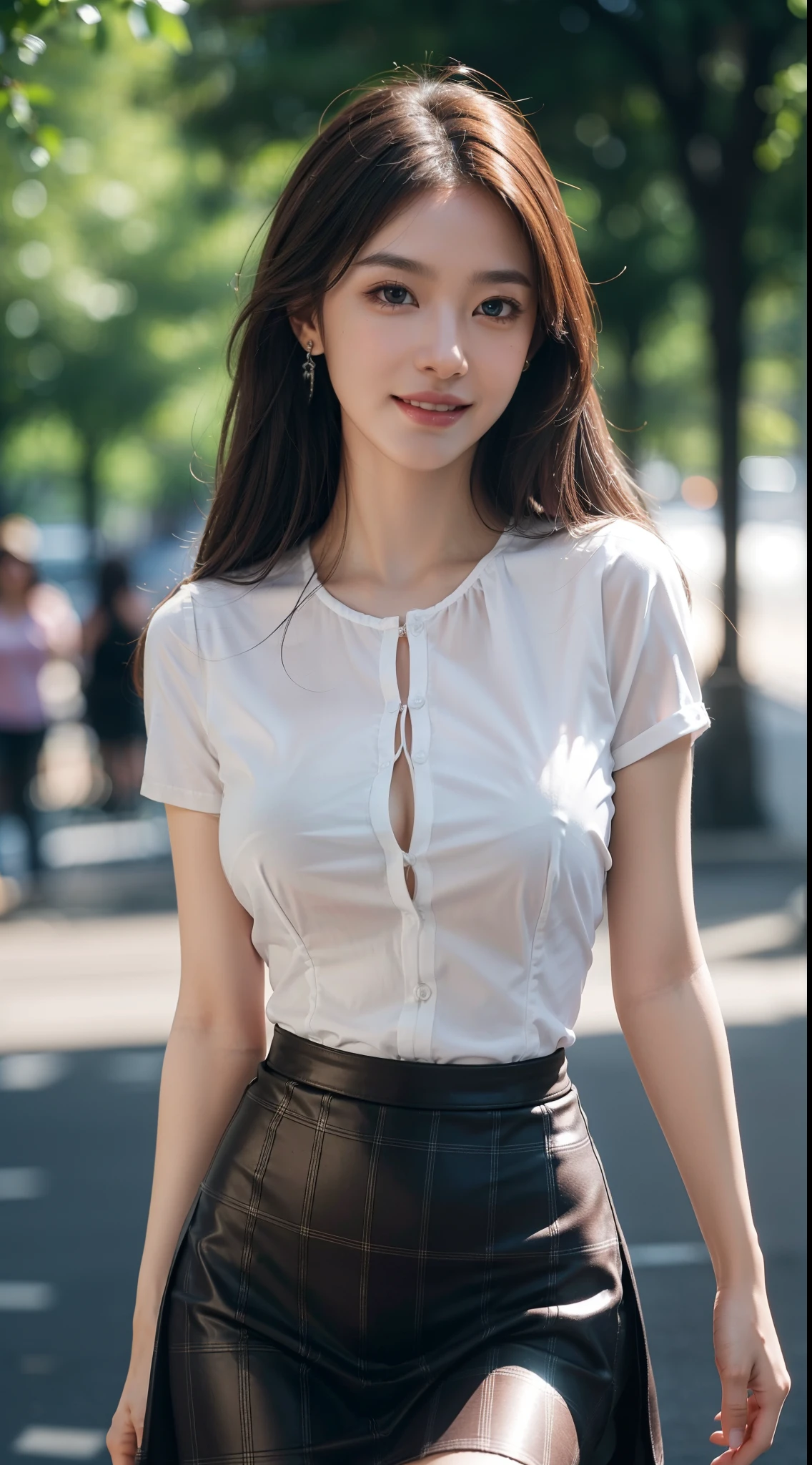 8k, masterpiece, RAW photo, best quality, photorealistic, extremely detailed CG unity 8k wallpaper, Depth of field, Cinematic Light, Lens Flare, Ray tracing, (extremely beautiful face, beautiful lips, beautiful eyes), intricate detail face, ((ultra detailed skin)) 1girl, in the dark, deep shadow, pretty Asian girl, idol, 1 girl, (very slim slender fit-muscled body:1.3), ((looking at viewer)),(big smile:1.3), ((laced blouse)), (short sleeve) , (daylight big buildings, tree, (blurred background) cityscape, rooftops, beautiful earrings, clear eyes, (pale skin), (big eyes), face forward, (brown hairs),((plaid skirt)), (looking at viewer:1.3), (open breast), (very slim), medium breasts, thick thighs, medium butts, close up