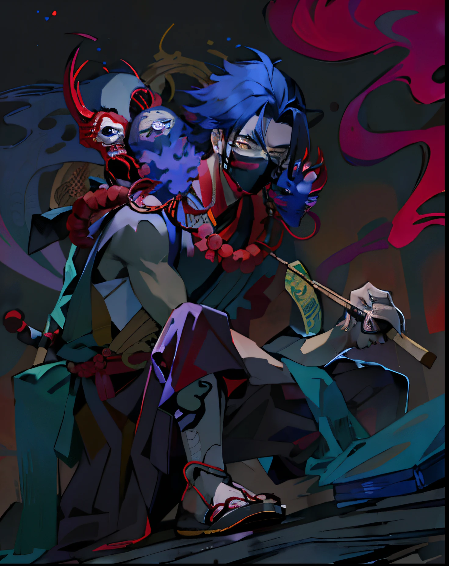 ((master part: 1.4, extremely high quality)), Um , moreno com cabelos cravados e olhos vermelhos, ((Mask made of Japanese folklore wood))(Yokai, Japan, preto e vermelho claro hakama: 1.3).